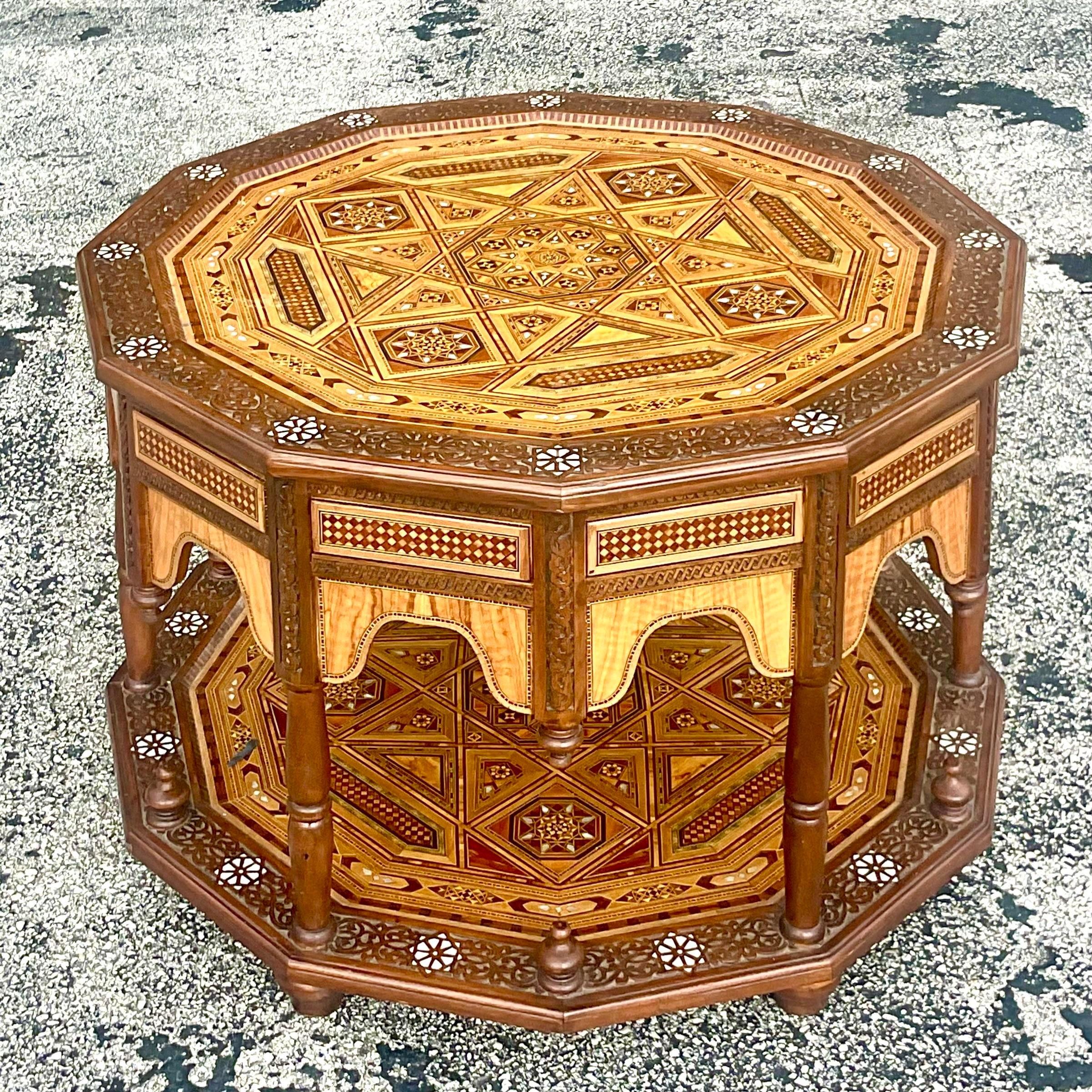 Late 20th Century Vintage Boho Moroccan Inlay Coffee Table For Sale 2