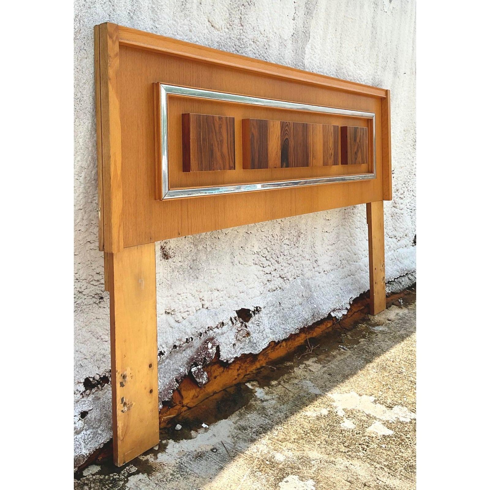 Late 20th Century Vintage Boho Oak, Burl Rosewood and Chrome Queen Headboard For Sale 1