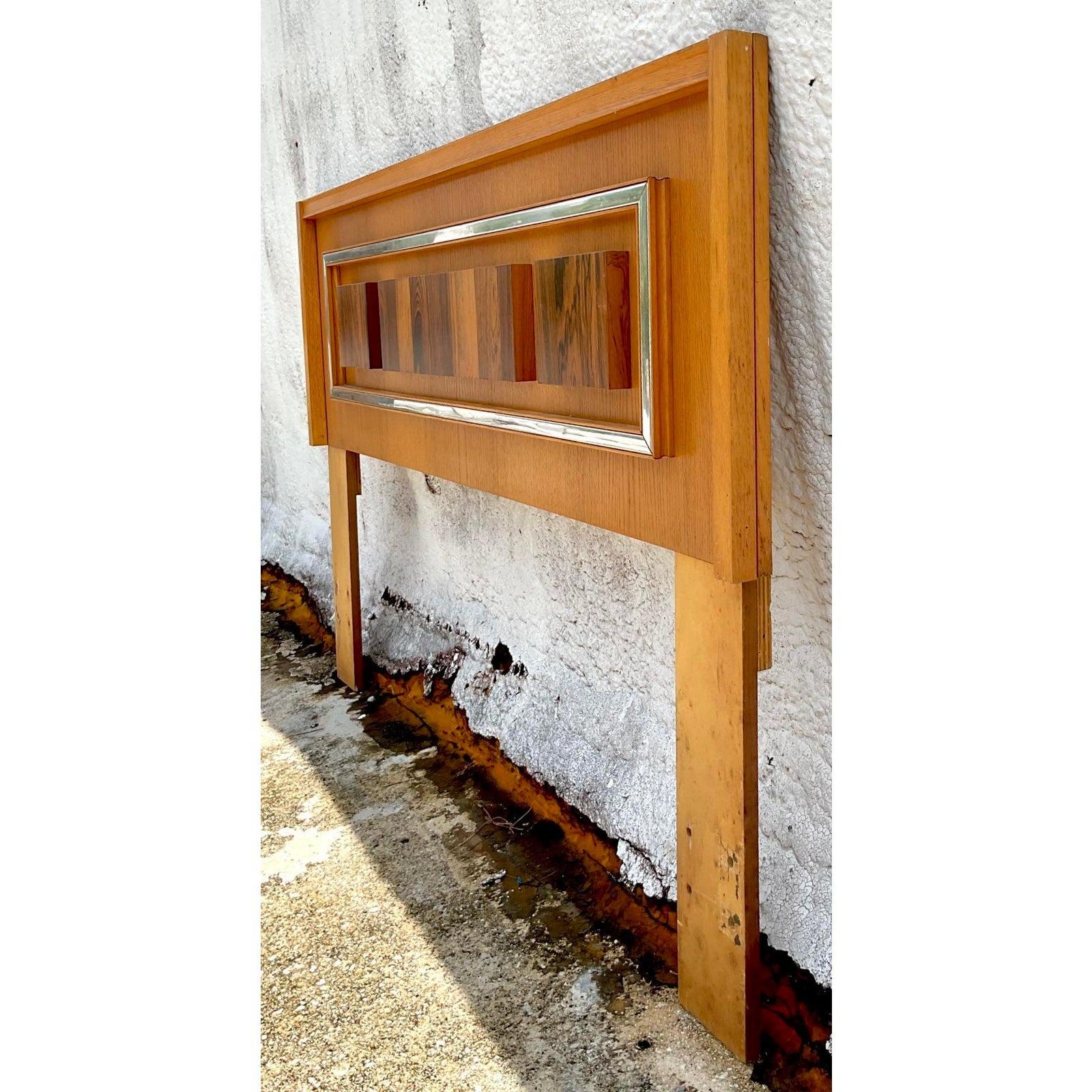 Late 20th Century Vintage Boho Oak, Burl Rosewood and Chrome Queen Headboard For Sale 3