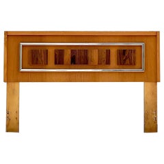 Late 20th Century Vintage Boho Oak, Burl Rosewood and Chrome Queen Headboard
