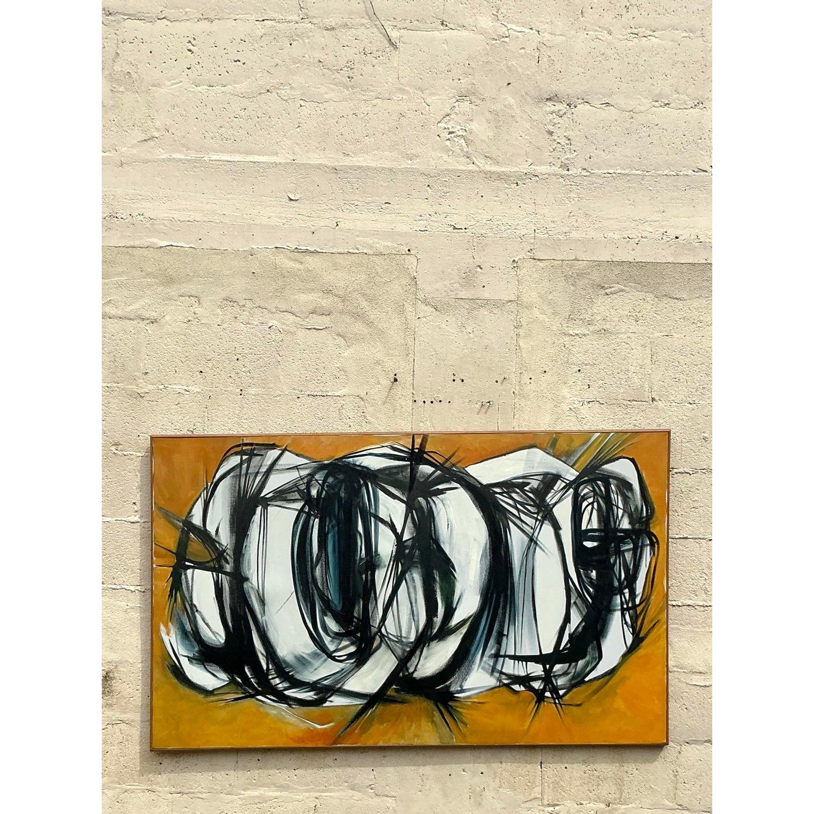 Ende des 20. Jahrhunderts Vintage Boho Original abstrakte Ölgemälde auf Leinwand im Angebot 5