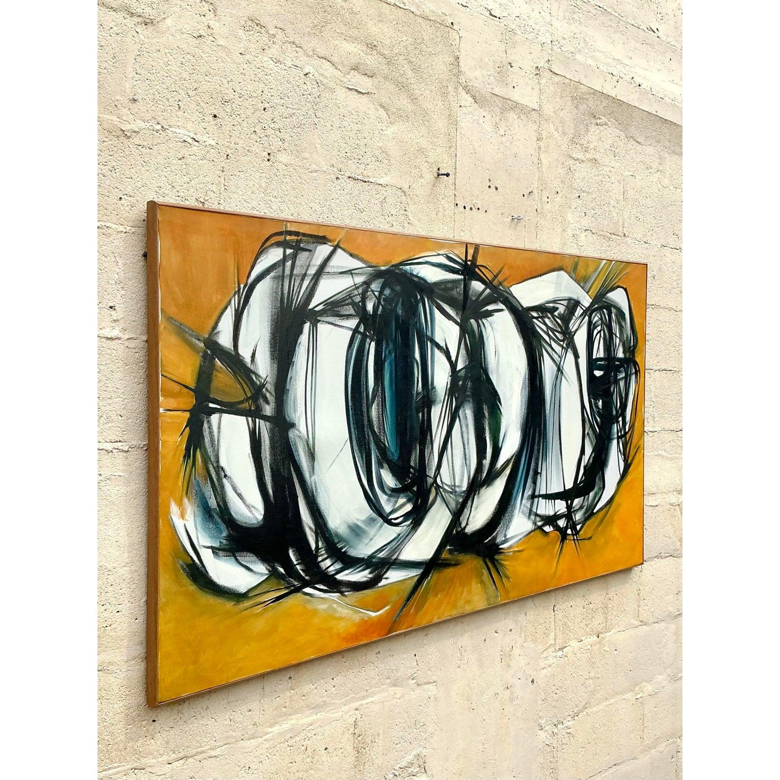 Ende des 20. Jahrhunderts Vintage Boho Original abstrakte Ölgemälde auf Leinwand (Moderne) im Angebot