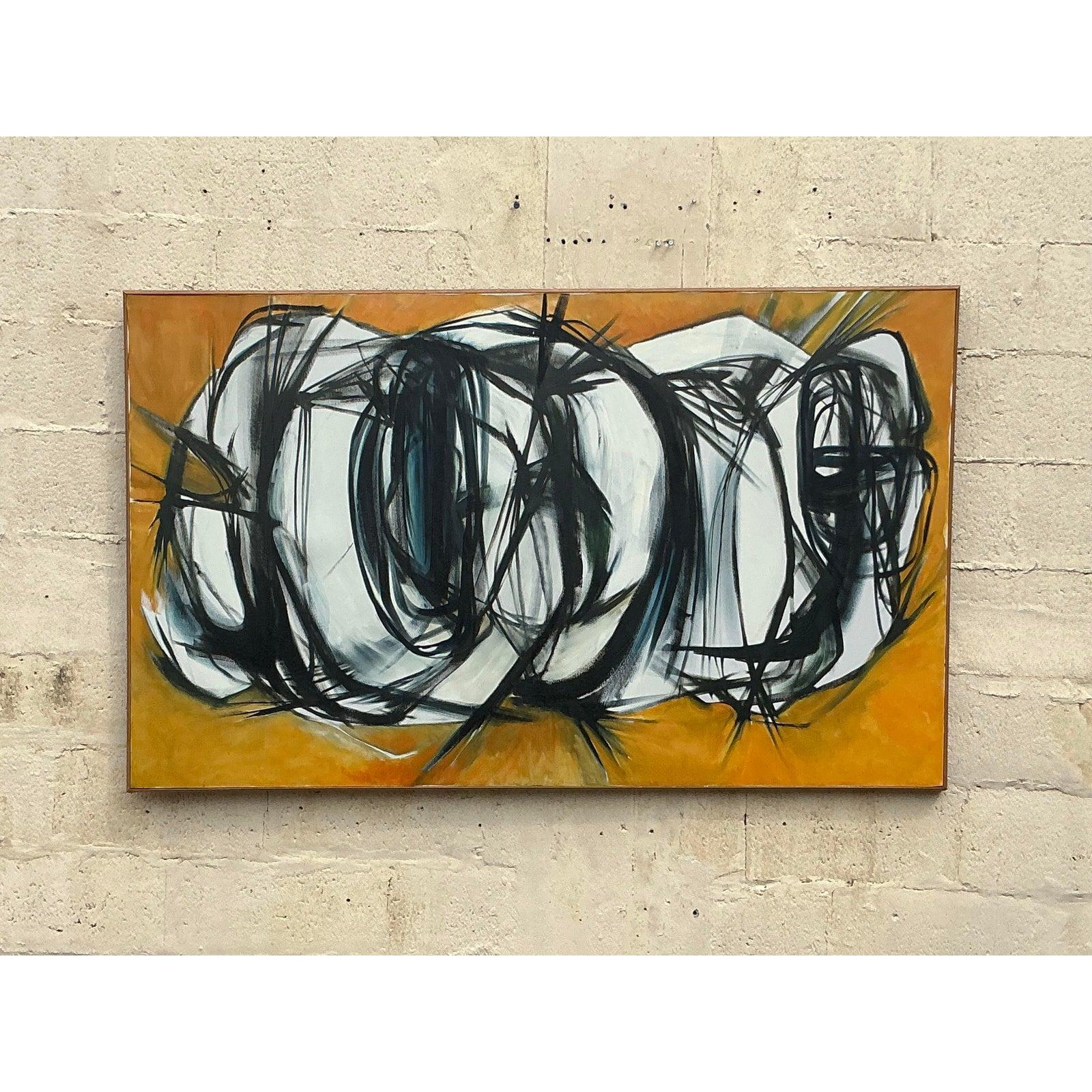 Ende des 20. Jahrhunderts Vintage Boho Original abstrakte Ölgemälde auf Leinwand im Angebot 1
