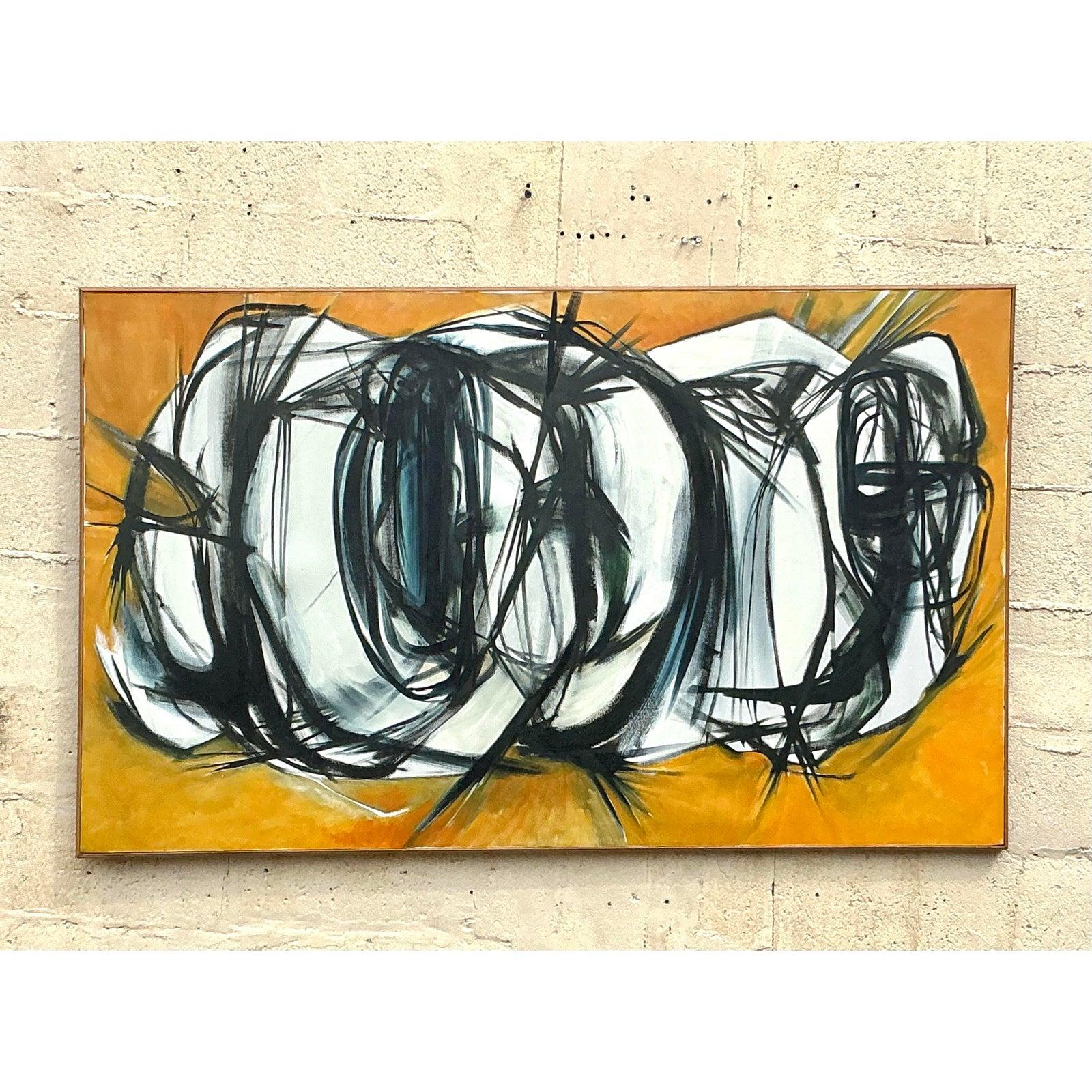 Ende des 20. Jahrhunderts Vintage Boho Original abstrakte Ölgemälde auf Leinwand im Angebot 2