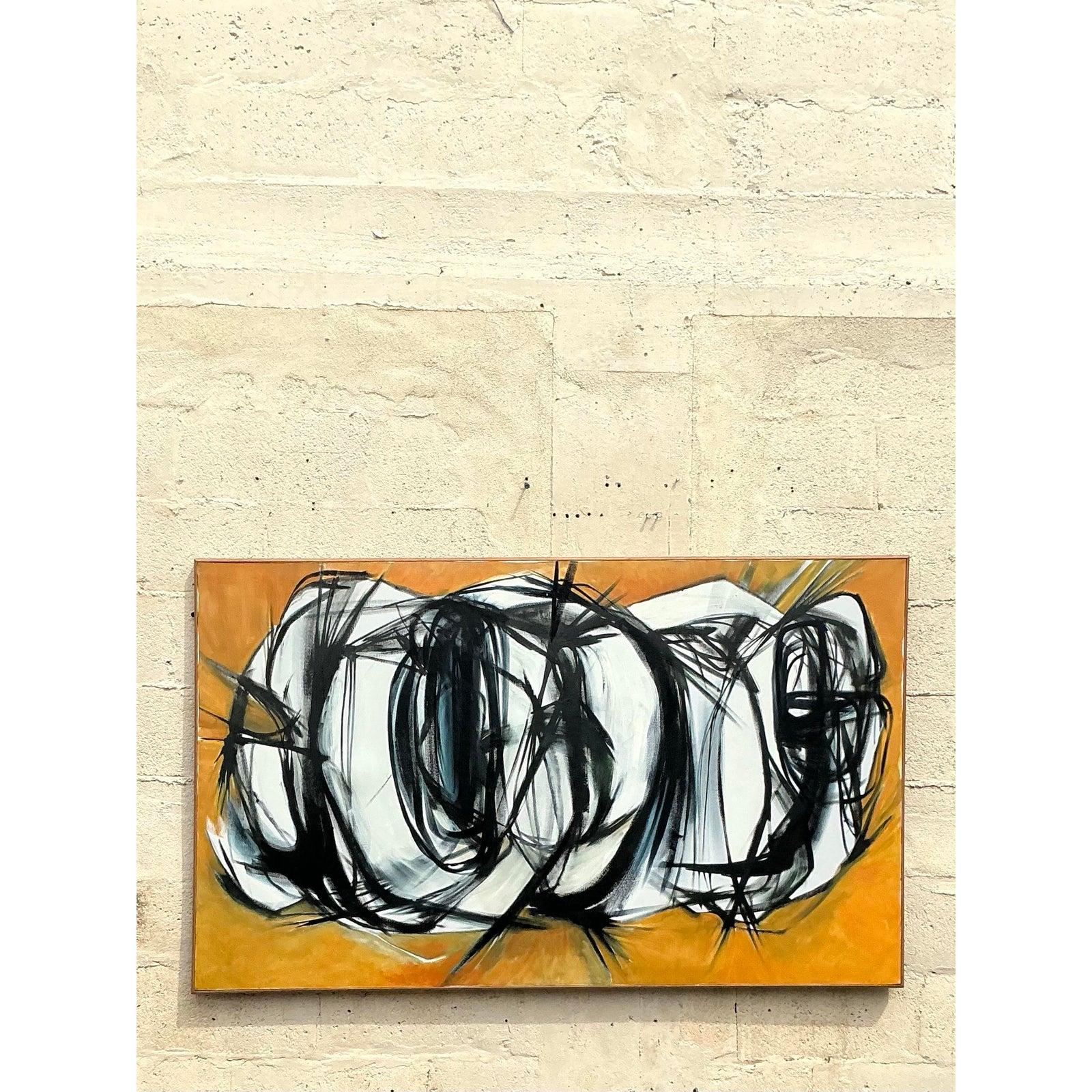 Ende des 20. Jahrhunderts Vintage Boho Original abstrakte Ölgemälde auf Leinwand im Angebot 3