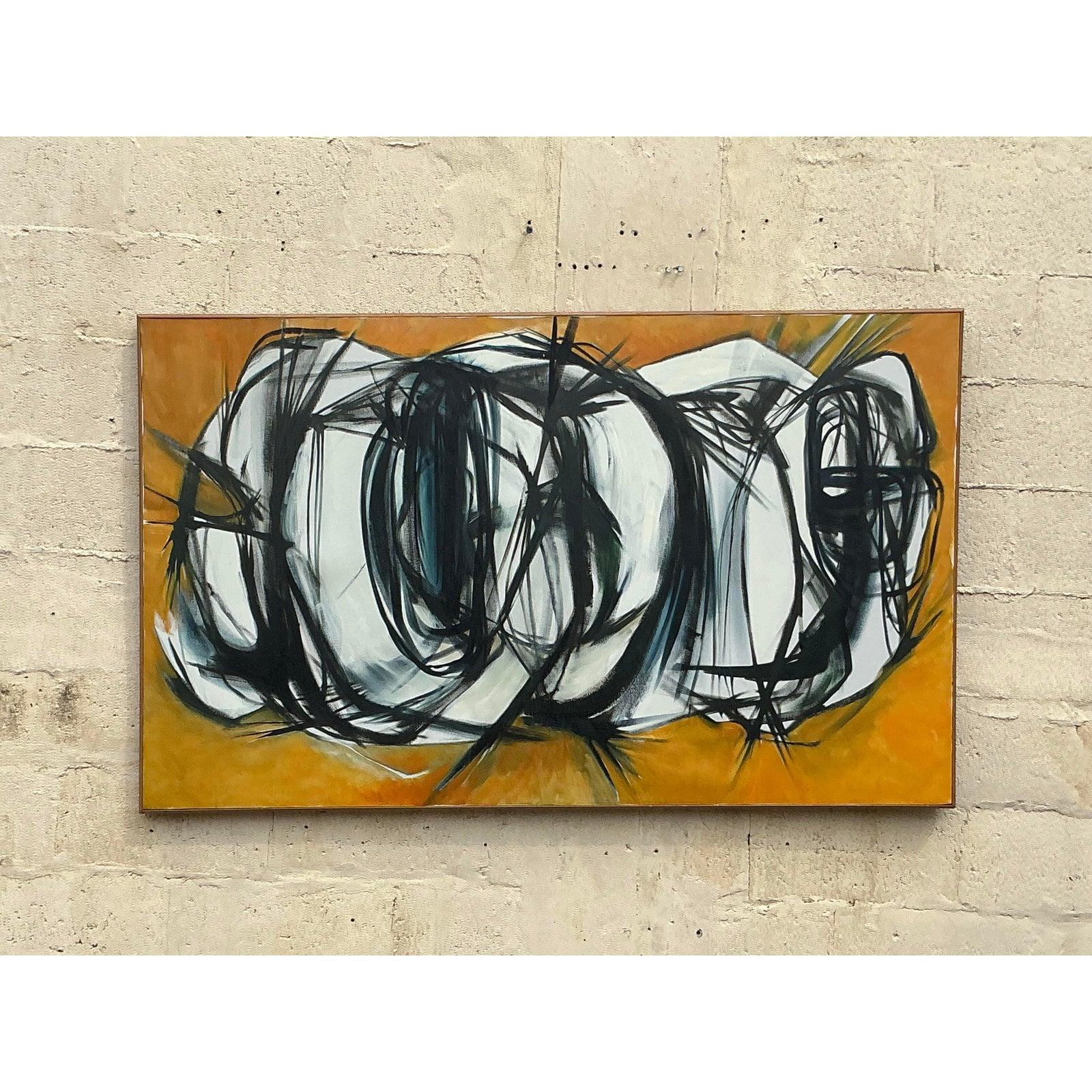 Ende des 20. Jahrhunderts Vintage Boho Original abstrakte Ölgemälde auf Leinwand im Angebot 4