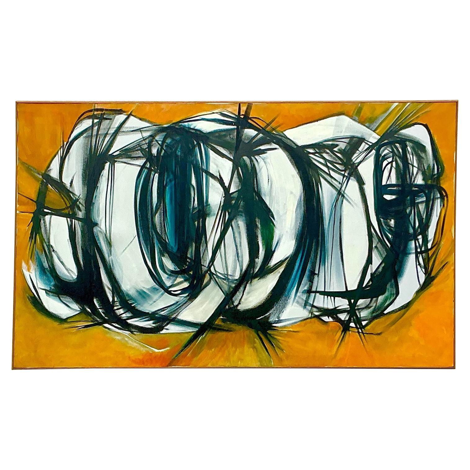 Pittura ad olio astratta su tela della fine del XX secolo, vintage e boho, originale