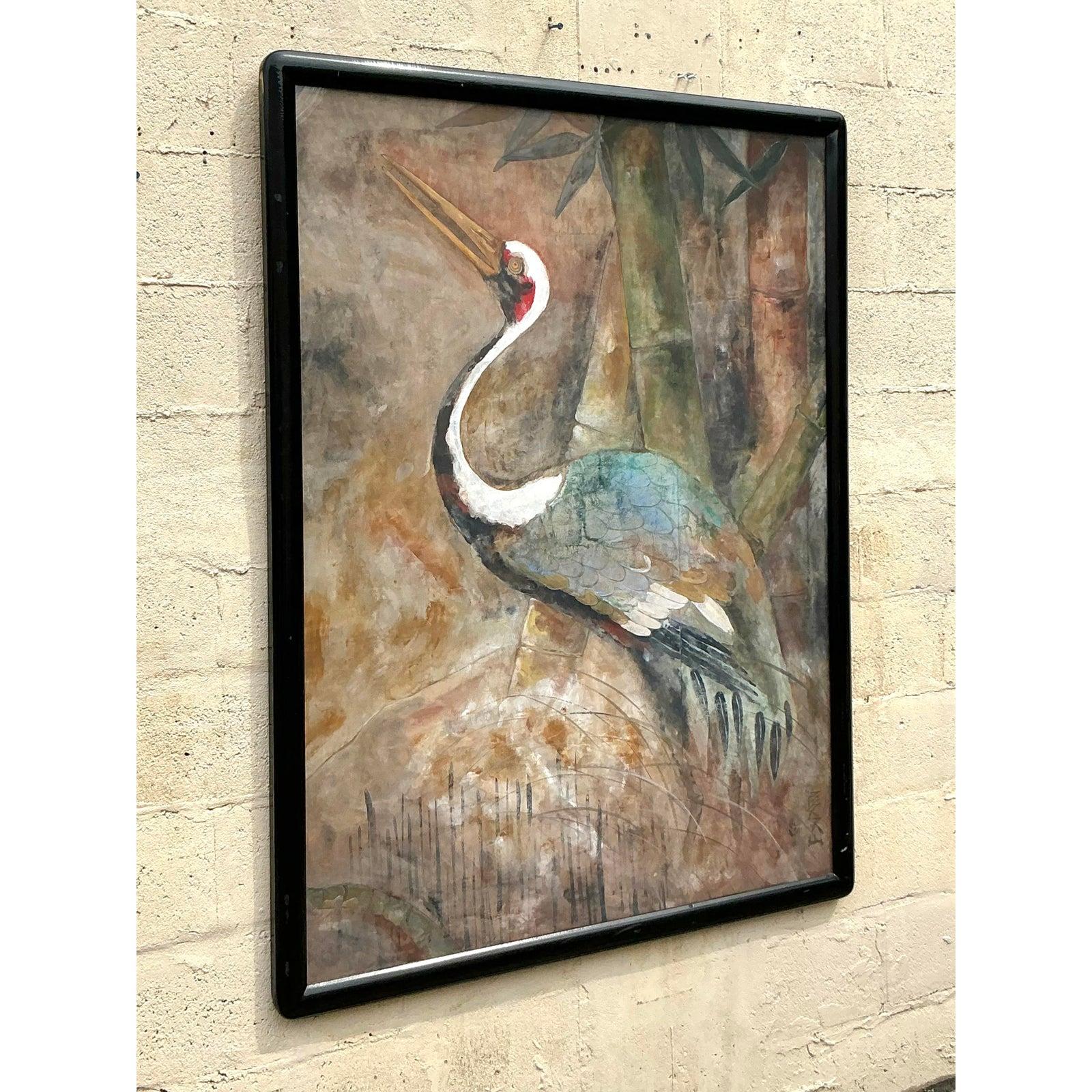 Dieses exquisite Vintage-Gemälde fängt die Anmut und Eleganz eines Kranichs ein, der in sanften Aquarelltönen vor einem satten, erdigen Hintergrund dargestellt ist. Die subtilen Pinselstriche und die überlagerten Texturen schaffen eine ruhige, fast