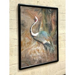 Ende des 20. Jahrhunderts Vintage Boho Original Crane Gemälde auf Papier