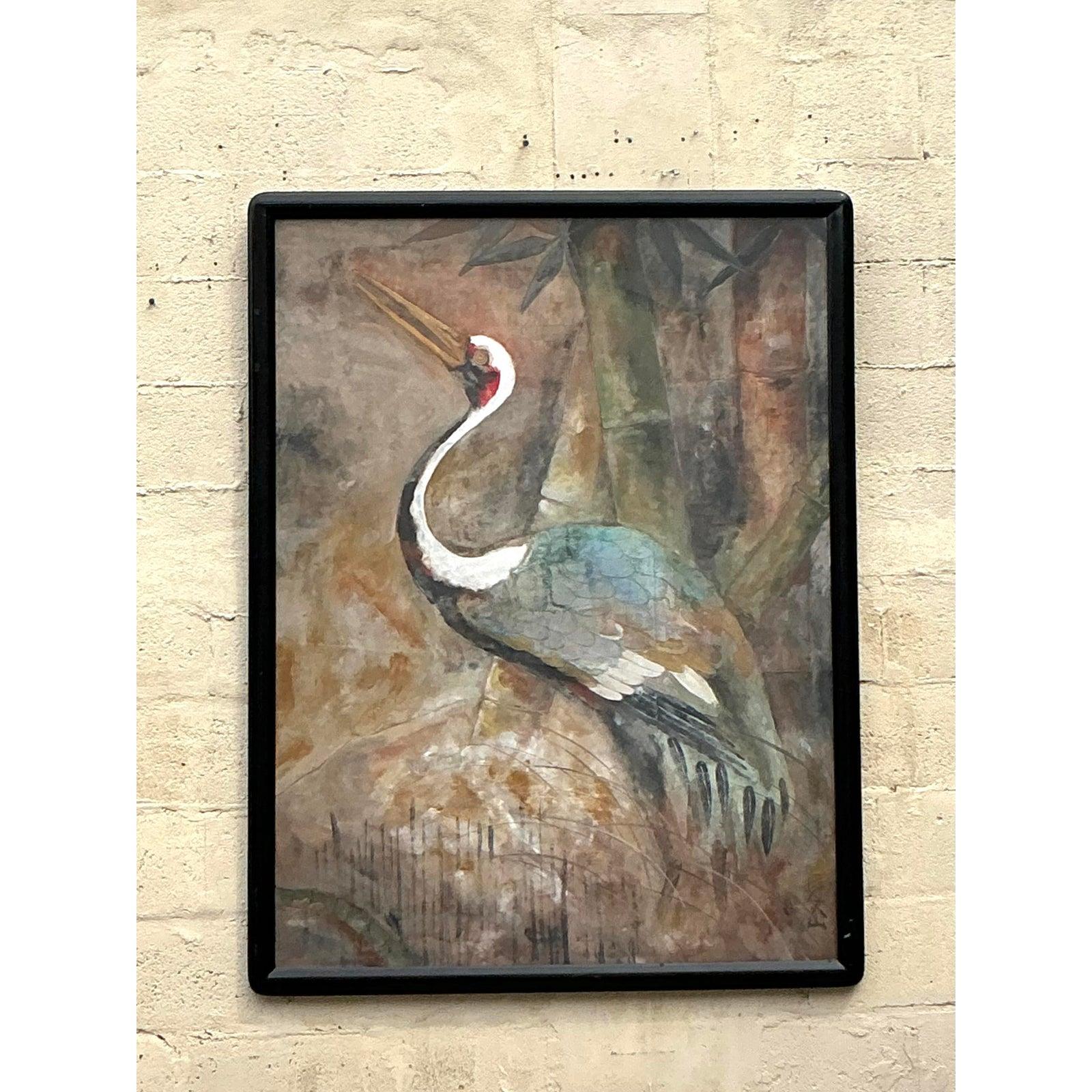Ende des 20. Jahrhunderts Vintage Boho Original Crane Gemälde auf Papier (Plexiglas) im Angebot