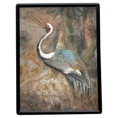 Pittura originale di gru su carta della fine del XX secolo, in stile boho.
