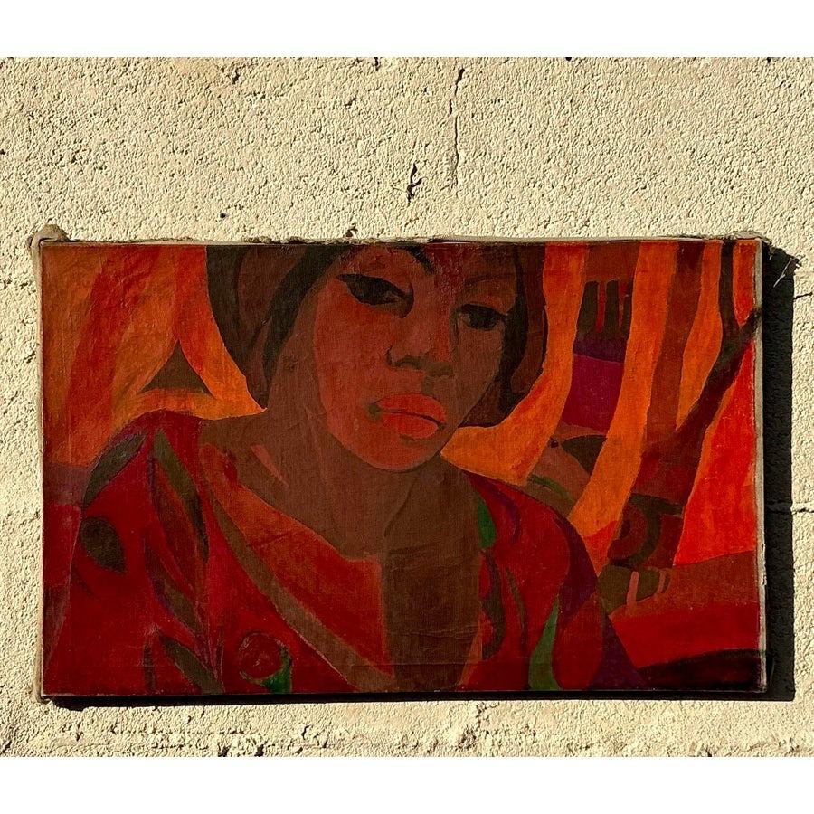 Dieses atemberaubende Vintage-Ölgemälde auf Leinwand fängt die Essenz der figurativen Kunst mit seiner kühnen Verwendung von Farbe und ausdrucksstarken Pinselstrichen ein. Die auffällige Komposition zeigt warme, erdige Töne in Rot, Orange und Braun
