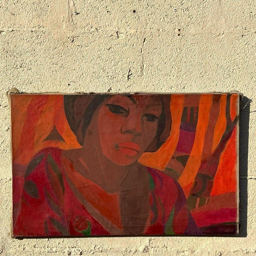 Late 20th Century Vintage Boho Original Figurative Oil Painting on Canvas (amerikanisch) im Angebot
