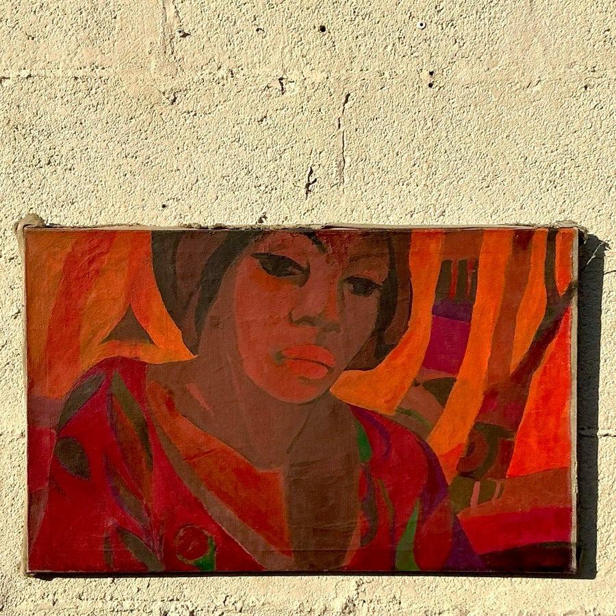 Late 20th Century Vintage Boho Original Figurative Oil Painting on Canvas im Zustand „Gut“ im Angebot in West Palm Beach, FL