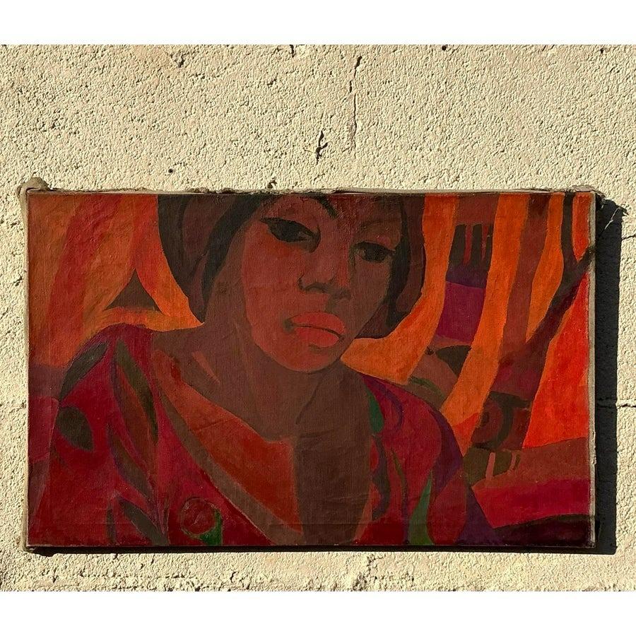 Late 20th Century Vintage Boho Original Figurative Oil Painting on Canvas (20. Jahrhundert) im Angebot