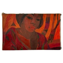 Pintura al óleo figurativa original boho de finales del siglo XX sobre lienzo