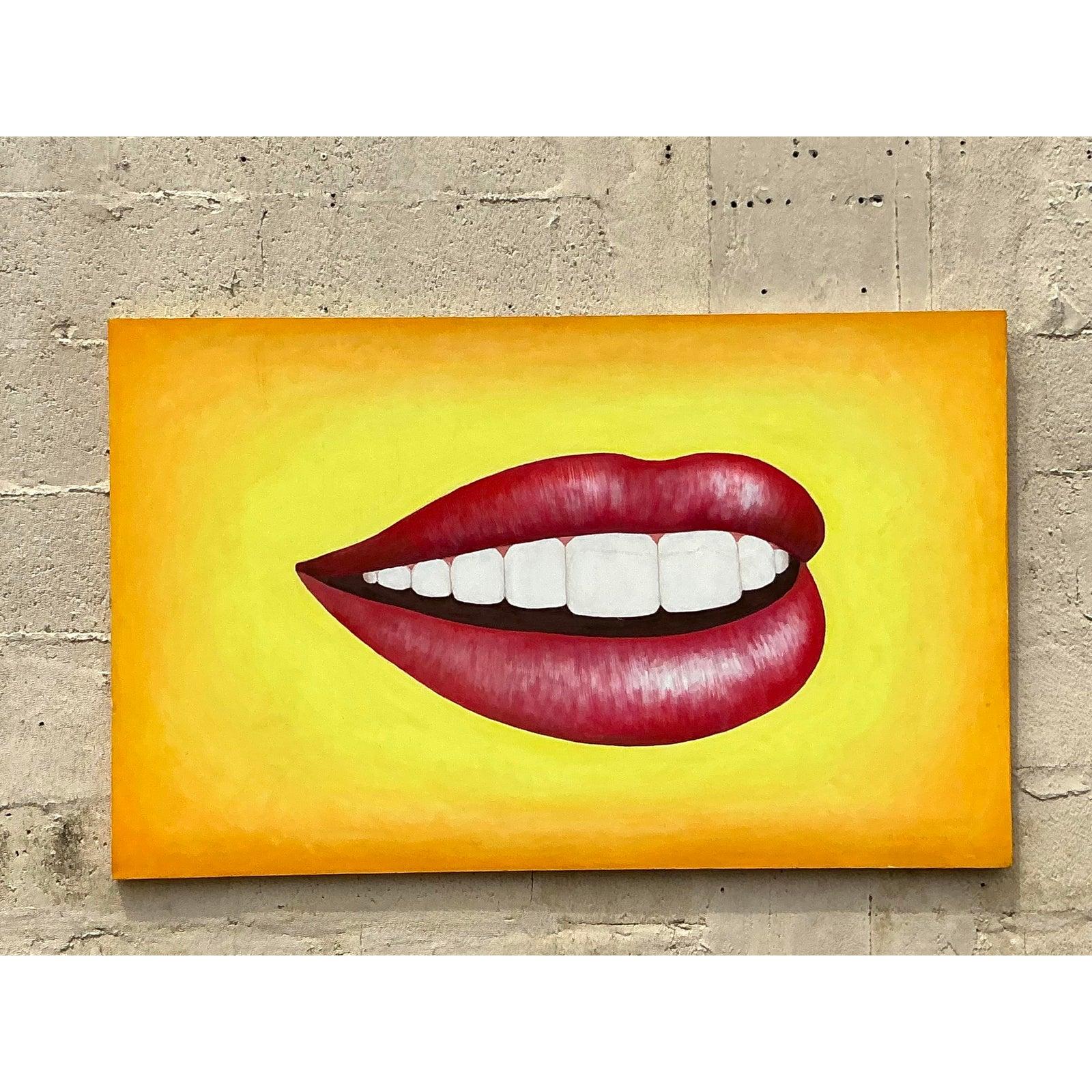 Pittura a olio su tela della fine del XX secolo, originale Boho, con labbra. in vendita 4