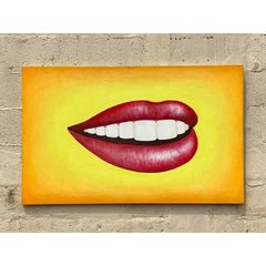 Late 20th Century Vintage Boho Original Lips Oil Painting on Canvas