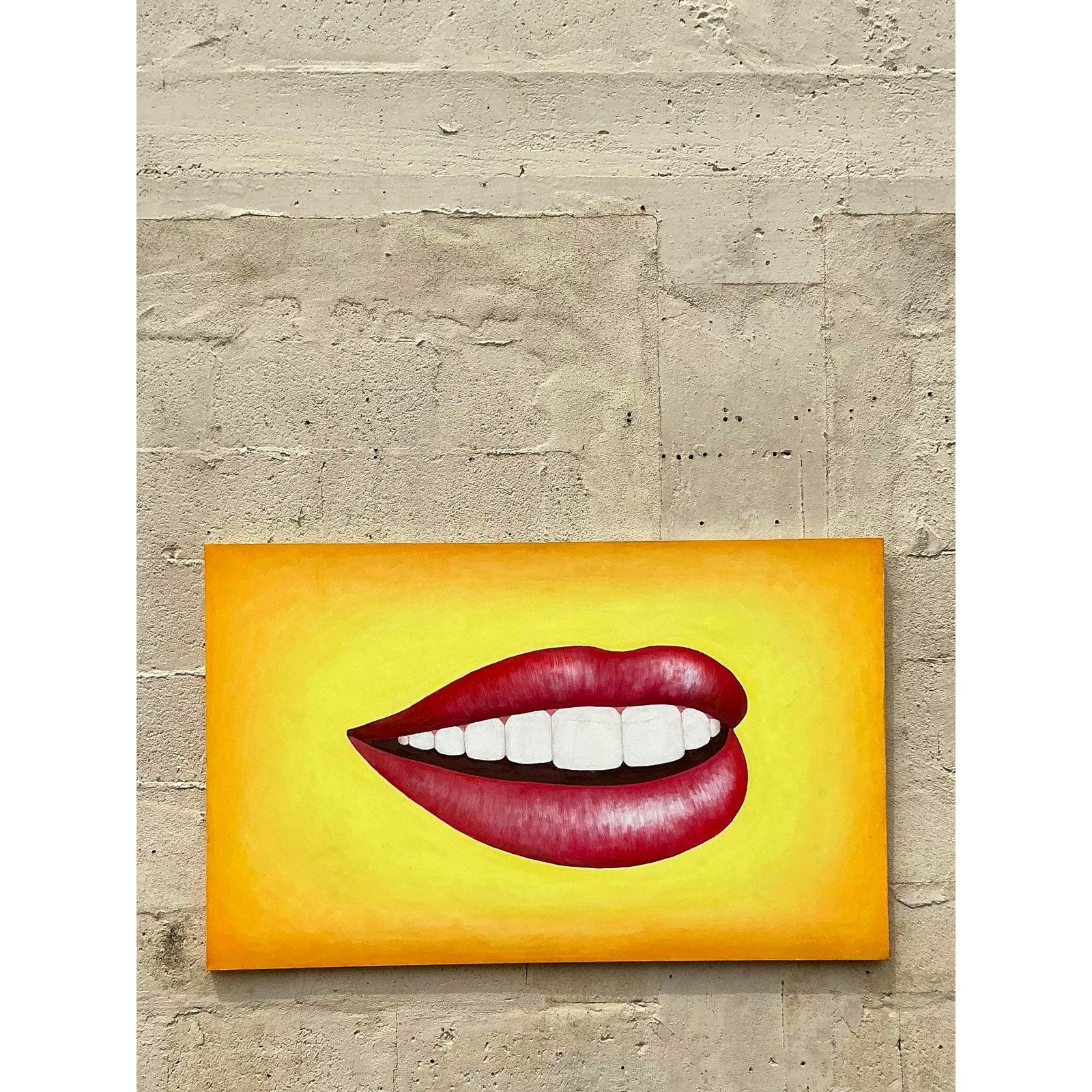 Mid-Century moderno Pittura a olio su tela della fine del XX secolo, originale Boho, con labbra. in vendita