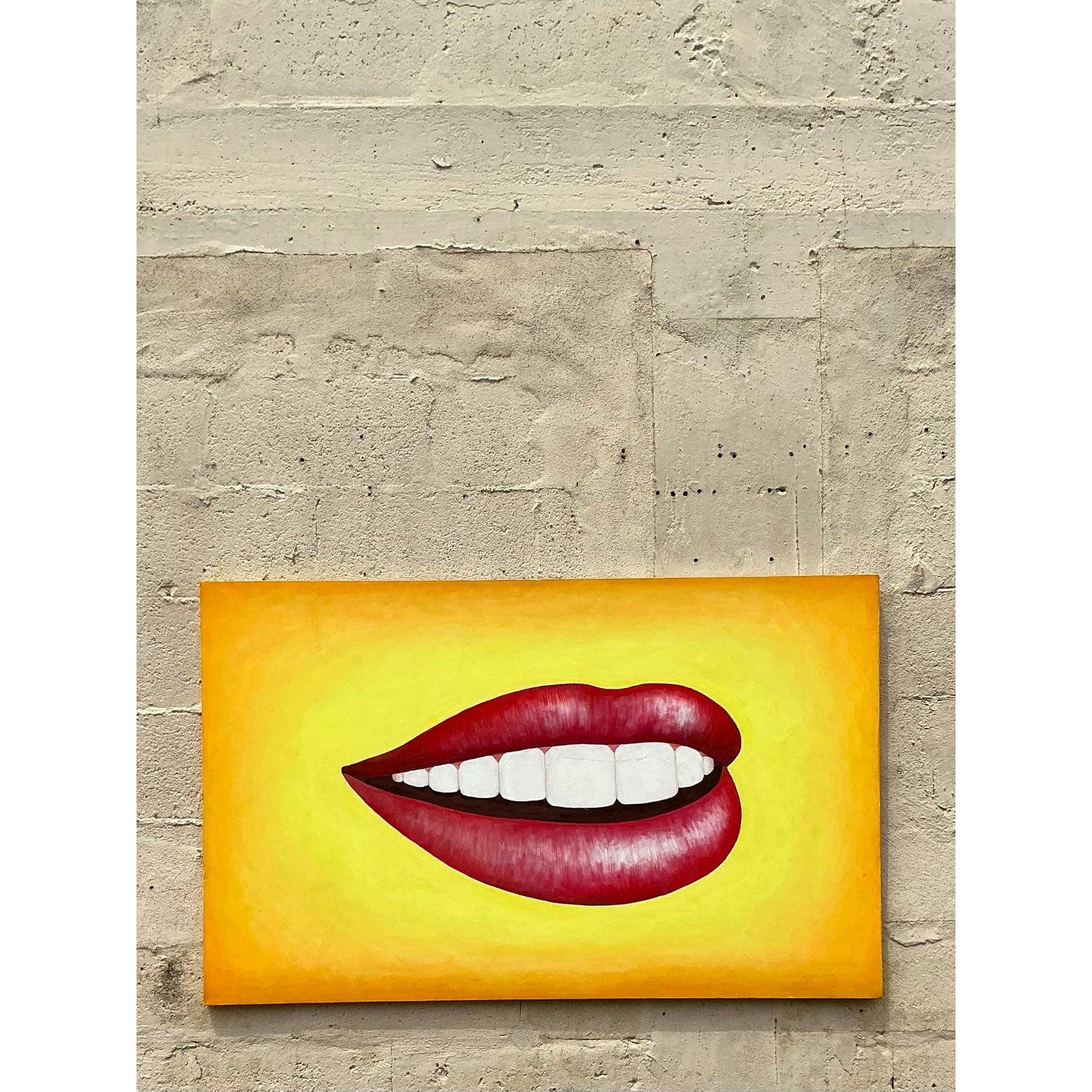 Americano Pittura a olio su tela della fine del XX secolo, originale Boho, con labbra. in vendita