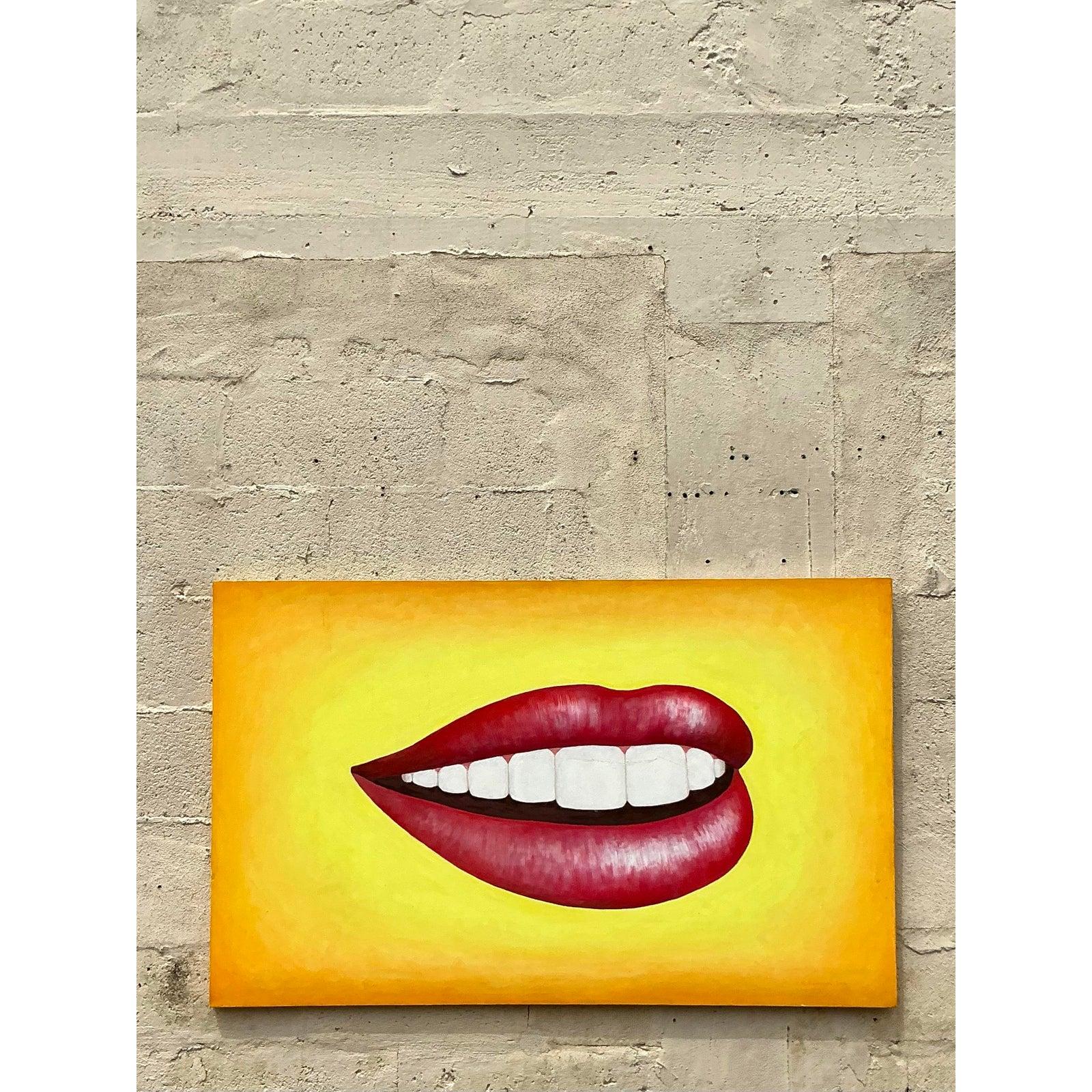Pittura a olio su tela della fine del XX secolo, originale Boho, con labbra. In condizioni buone in vendita a West Palm Beach, FL