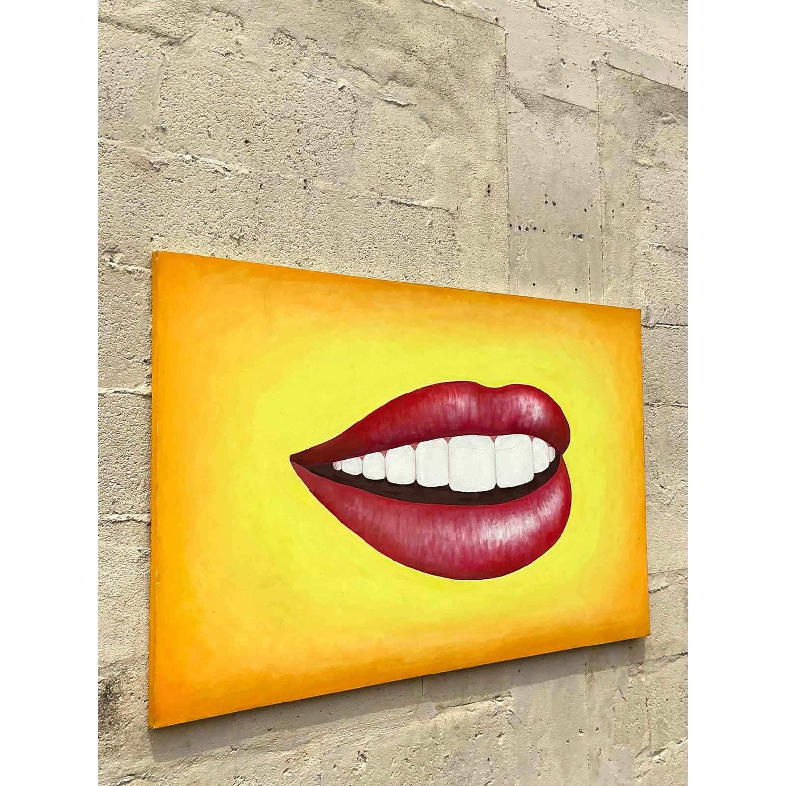 Pittura a olio su tela della fine del XX secolo, originale Boho, con labbra. in vendita 1