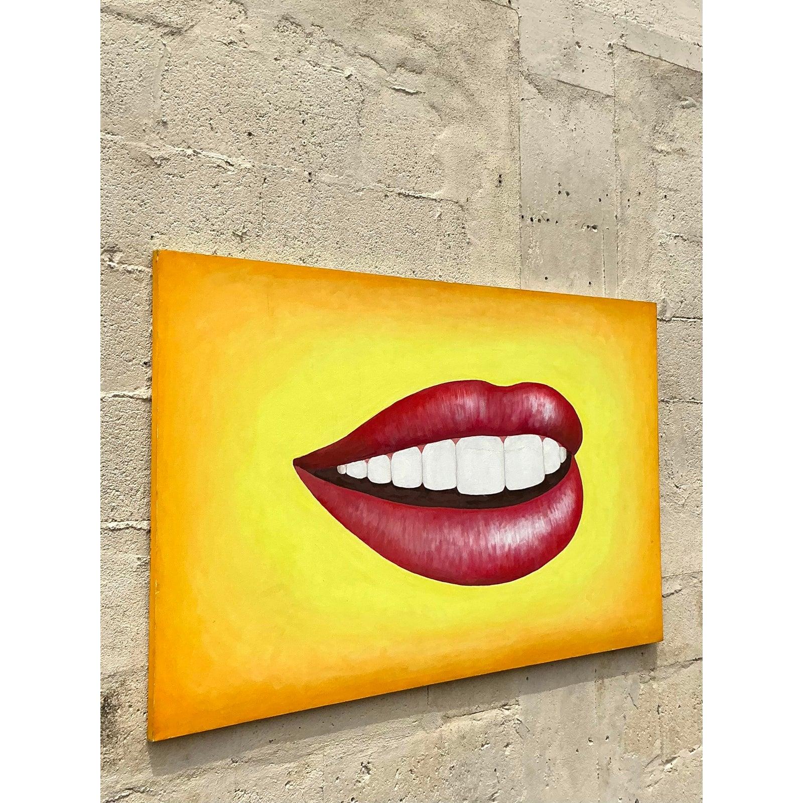 Pittura a olio su tela della fine del XX secolo, originale Boho, con labbra. in vendita 2