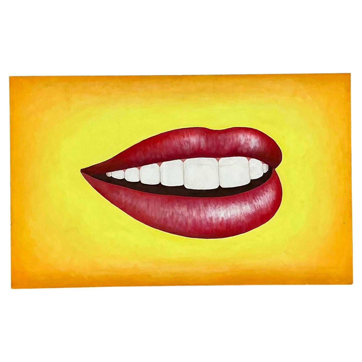 Pittura a olio su tela della fine del XX secolo, originale Boho, con labbra.