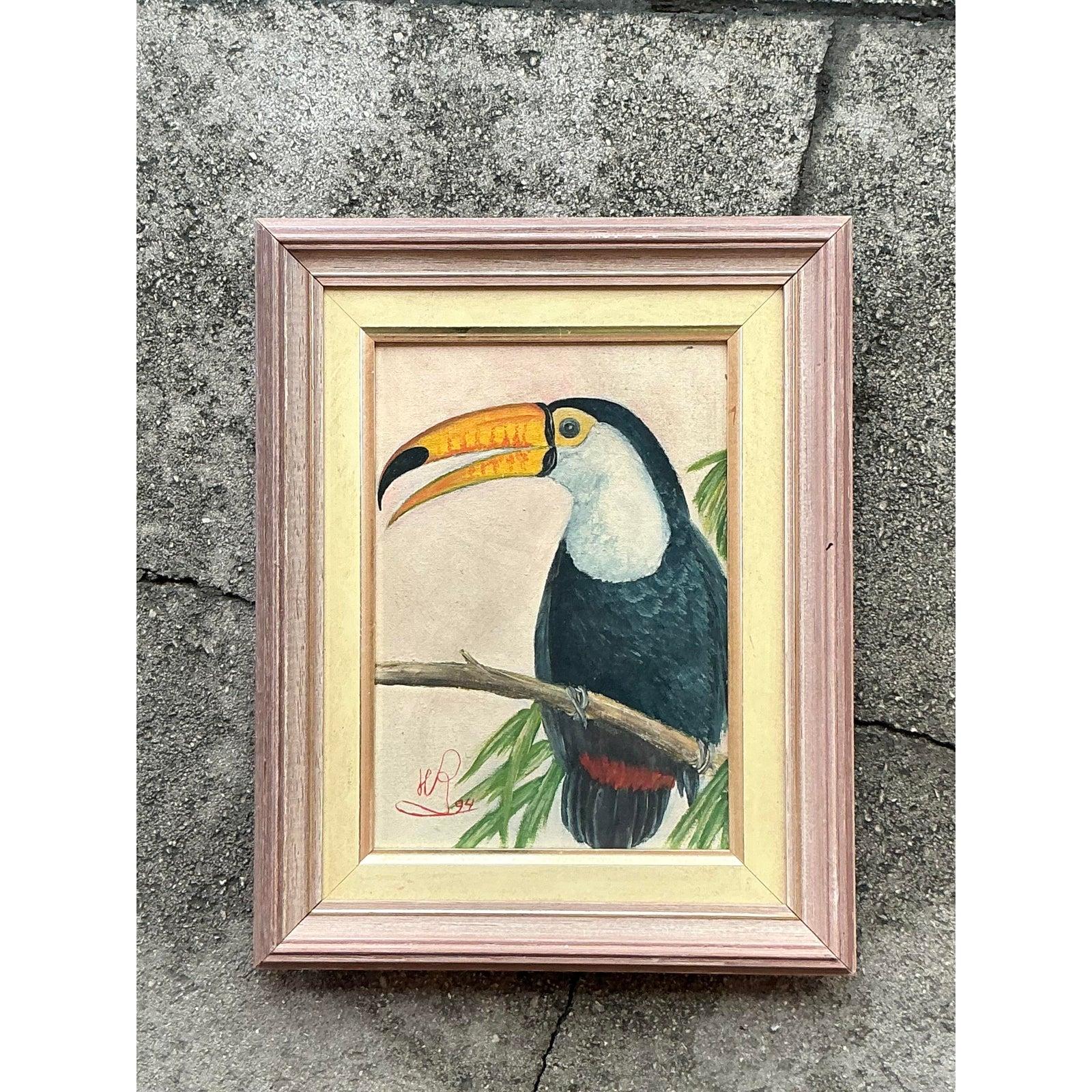 Vintage Boho, Original-Ölgemälde eines toskanischen Toucan-Gemäldes, spätes 20. Jahrhundert (amerikanisch) im Angebot