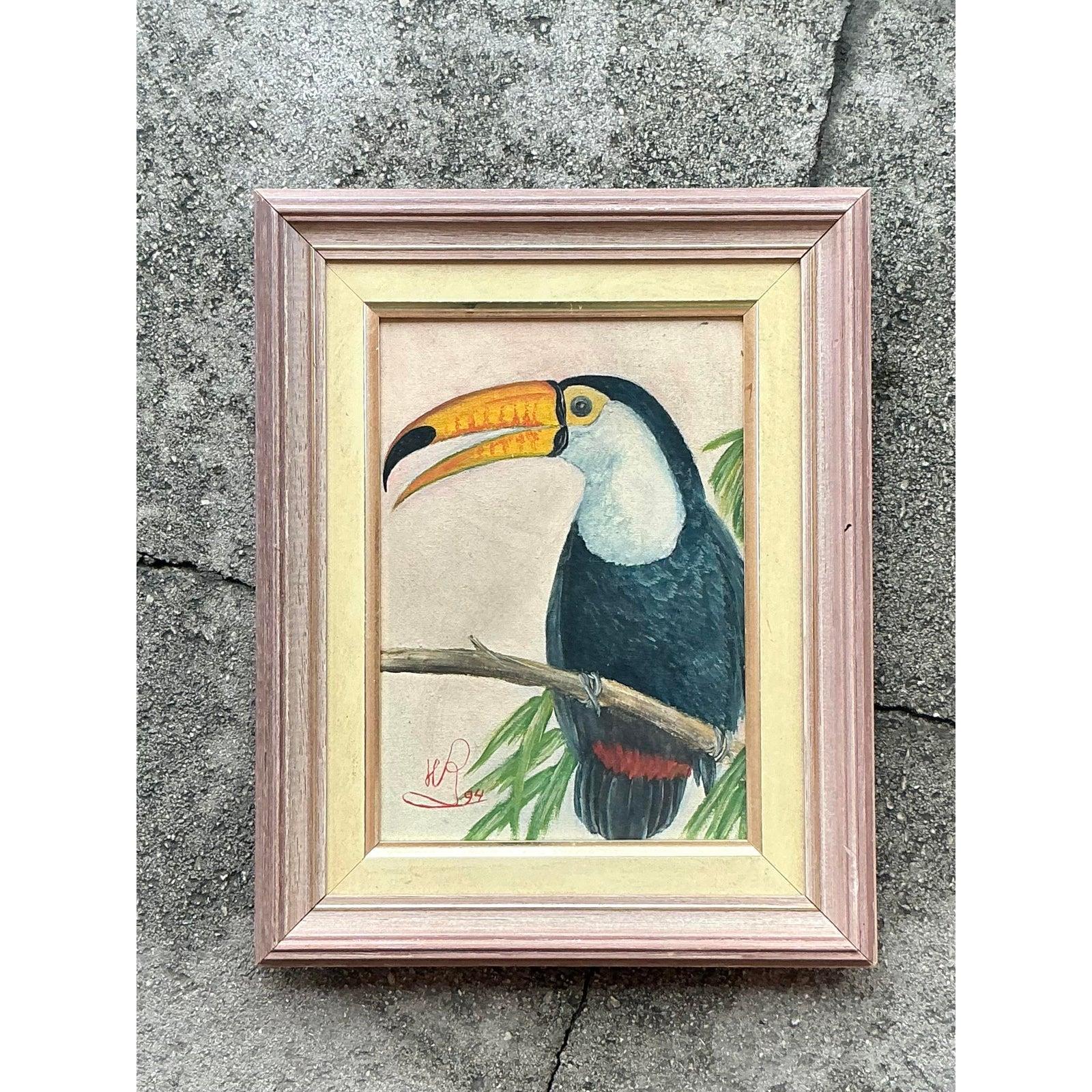 Vintage Boho, Original-Ölgemälde eines toskanischen Toucan-Gemäldes, spätes 20. Jahrhundert (Leinwand) im Angebot