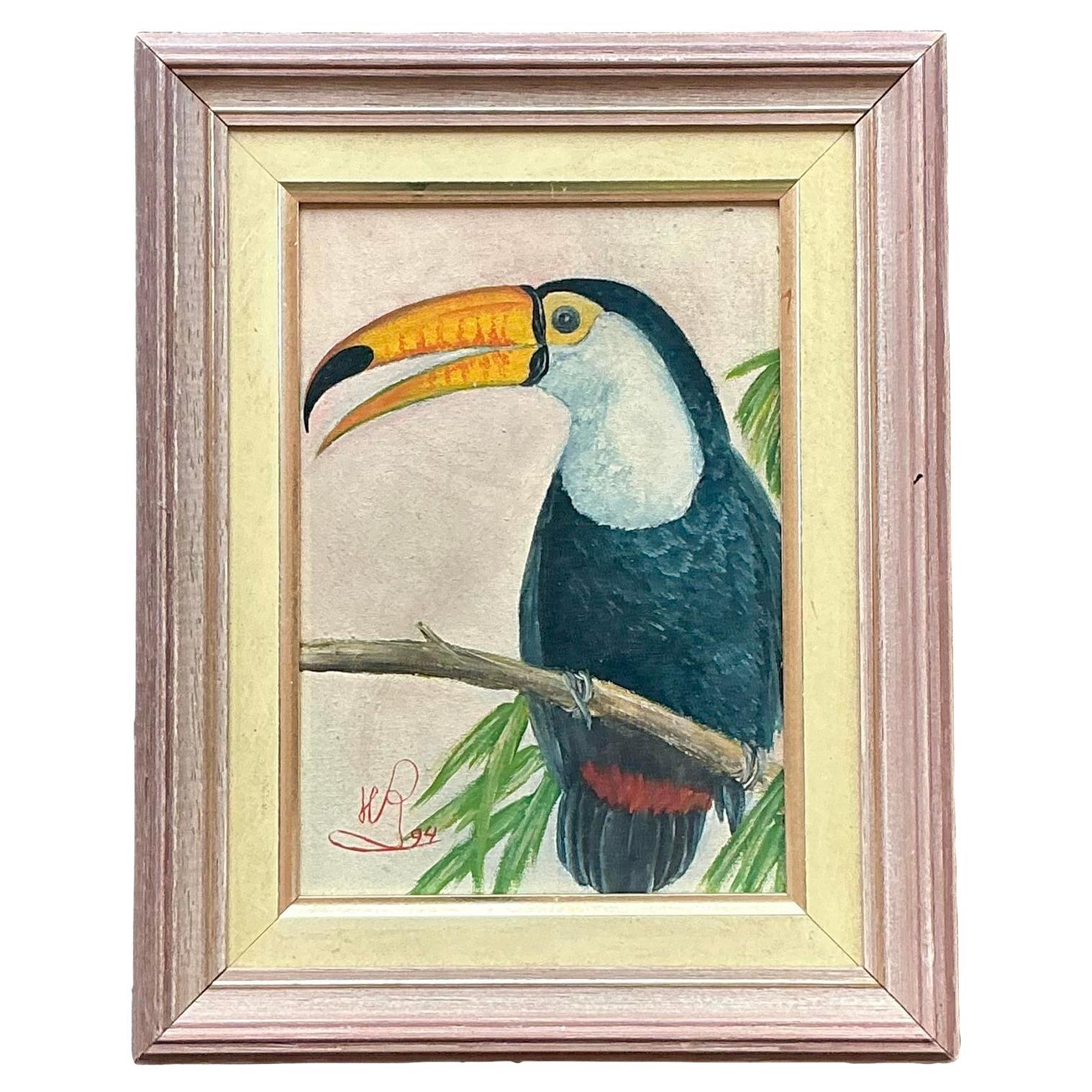 Late 20th Century Vintage Boho Original Oil Painting of Toucan