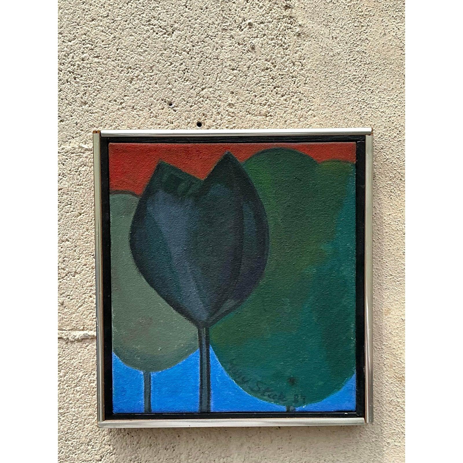 Ende des 20. Jahrhunderts Vintage Boho Original Ölgemälde von Bäumen im Angebot 4