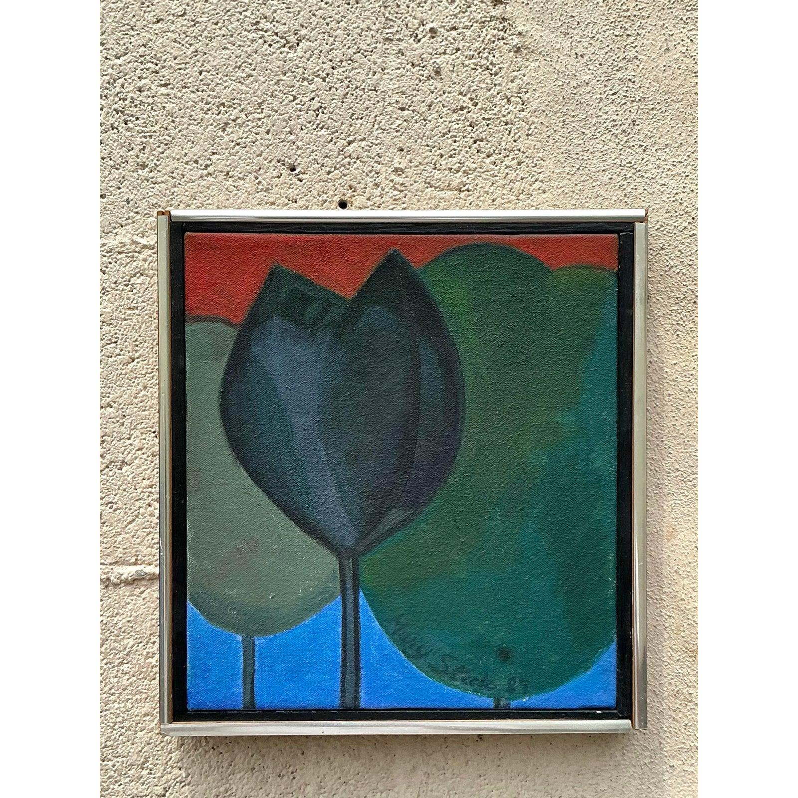 Ende des 20. Jahrhunderts Vintage Boho Original Ölgemälde von Bäumen im Angebot 5