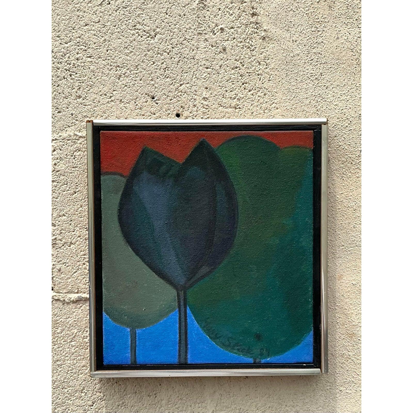 Ende des 20. Jahrhunderts Vintage Boho Original Ölgemälde von Bäumen im Angebot 6