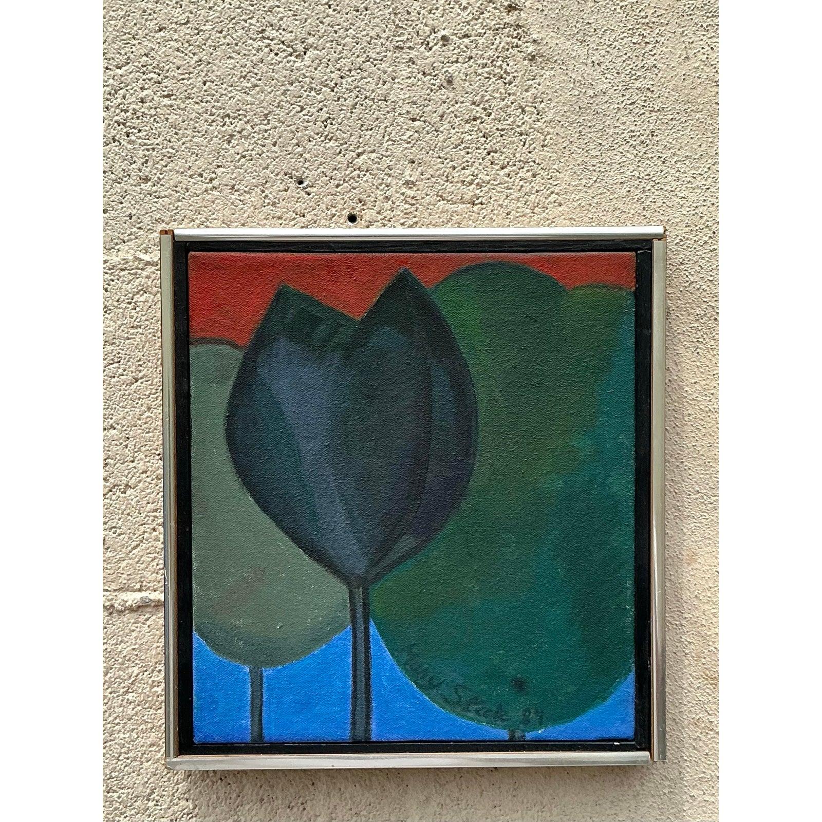 Ende des 20. Jahrhunderts Vintage Boho Original Ölgemälde von Bäumen im Angebot 1