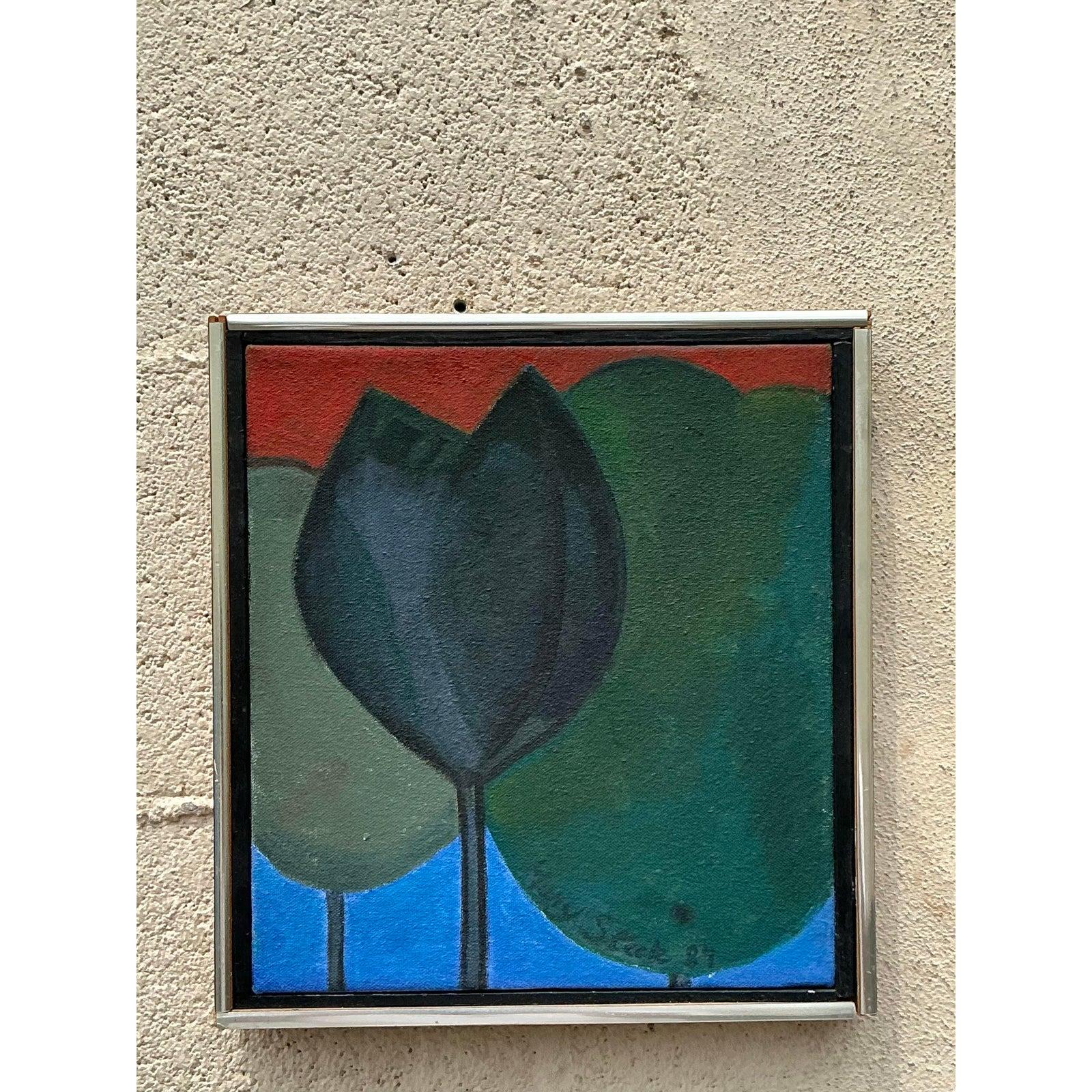 Ende des 20. Jahrhunderts Vintage Boho Original Ölgemälde von Bäumen im Angebot 2