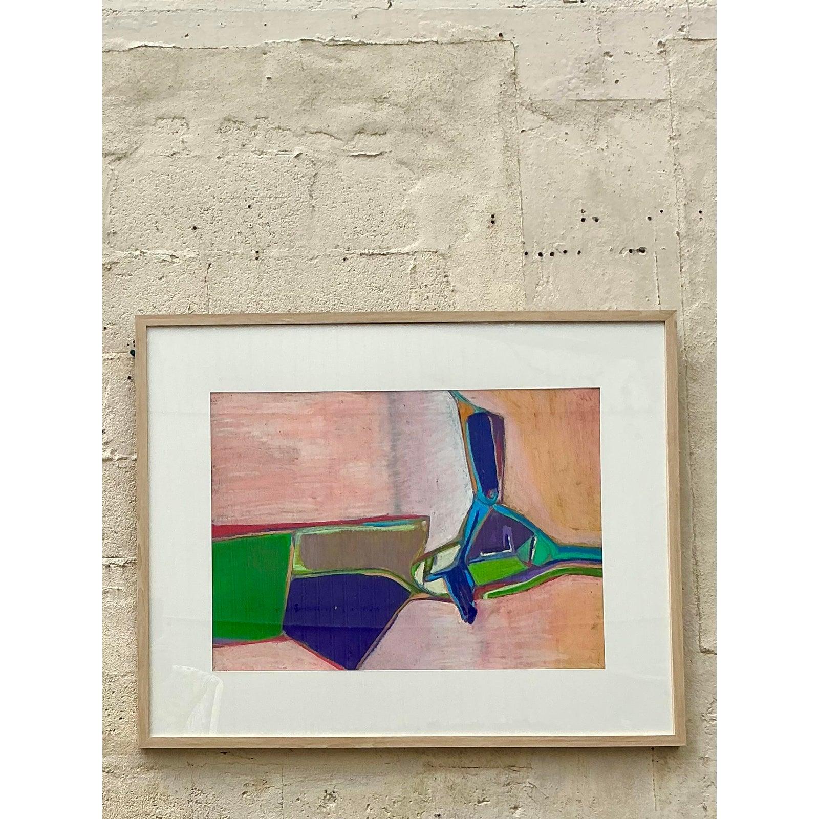 Dieses bezaubernde, abstrakte Original in Pastellfarben auf Papier versprüht einen Hauch von unbeschwerter Eleganz. Dieses Kunstwerk ist ein echtes Vintage-Schmuckstück und versprüht einen einzigartigen Bohème-Charme, der Ihren Raum mit