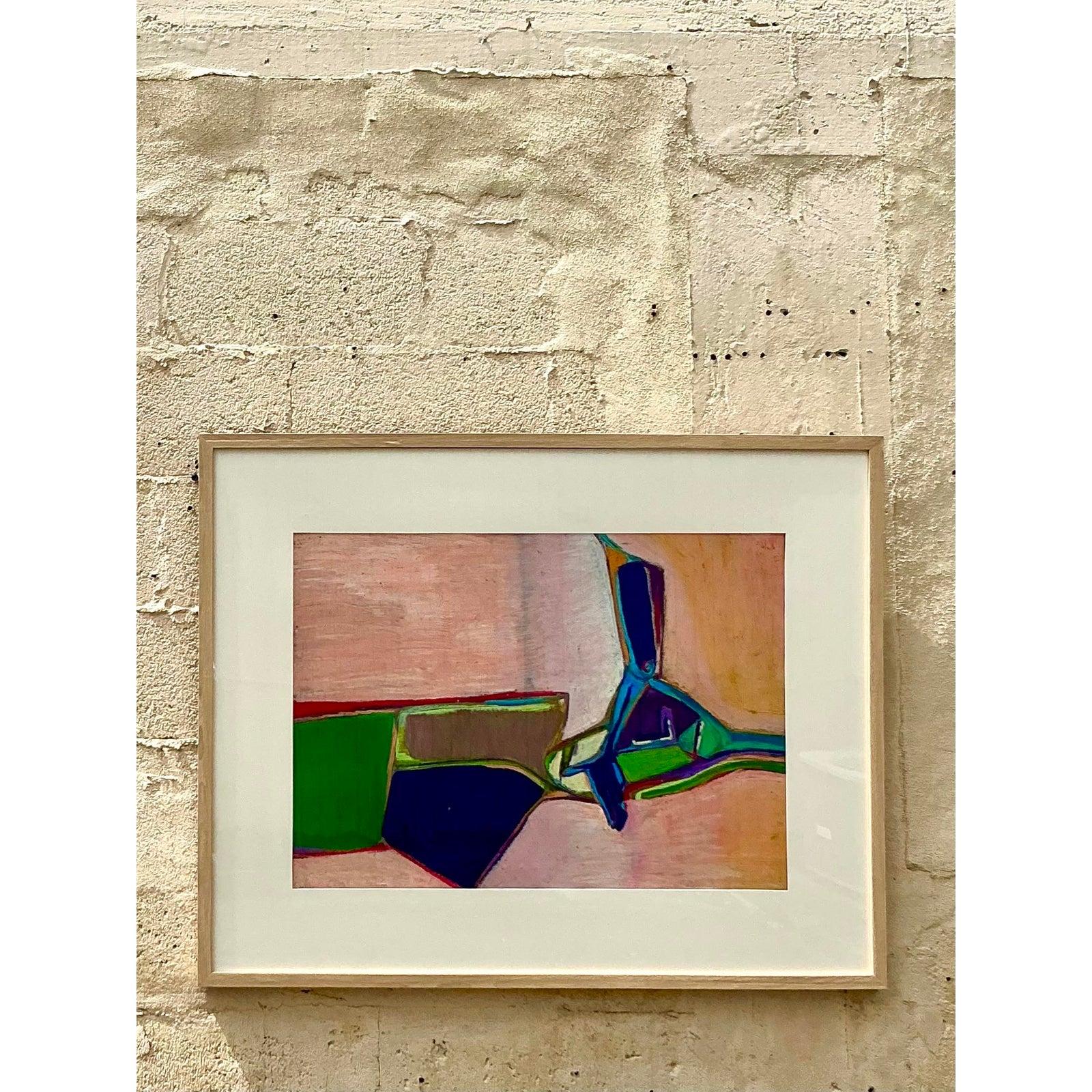 Vintage Boho Original Pastell Abstrakt auf Papier, Vintage, spätes 20. Jahrhundert (Moderne der Mitte des Jahrhunderts) im Angebot