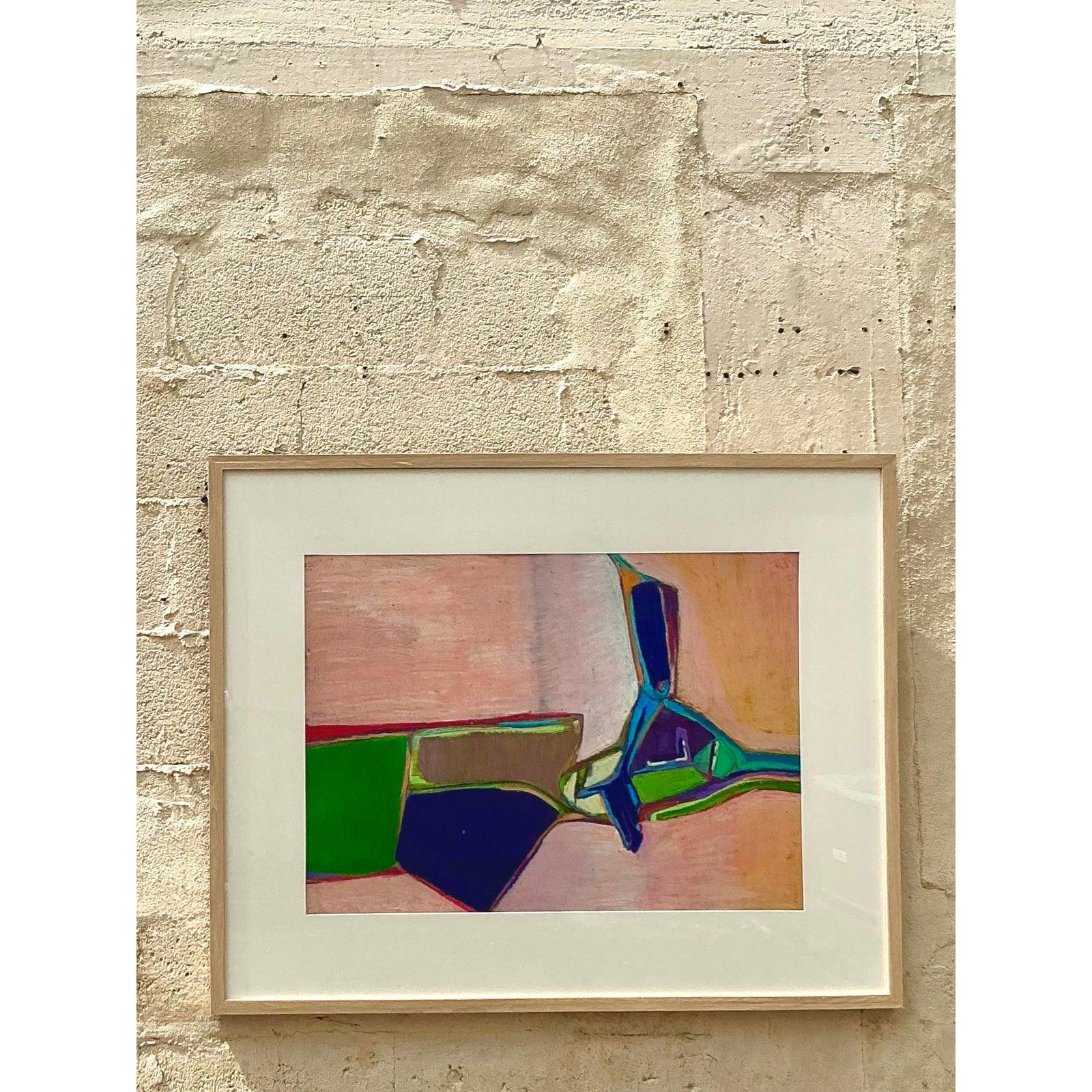 Vintage Boho Original Pastell Abstrakt auf Papier, Vintage, spätes 20. Jahrhundert im Zustand „Gut“ im Angebot in West Palm Beach, FL