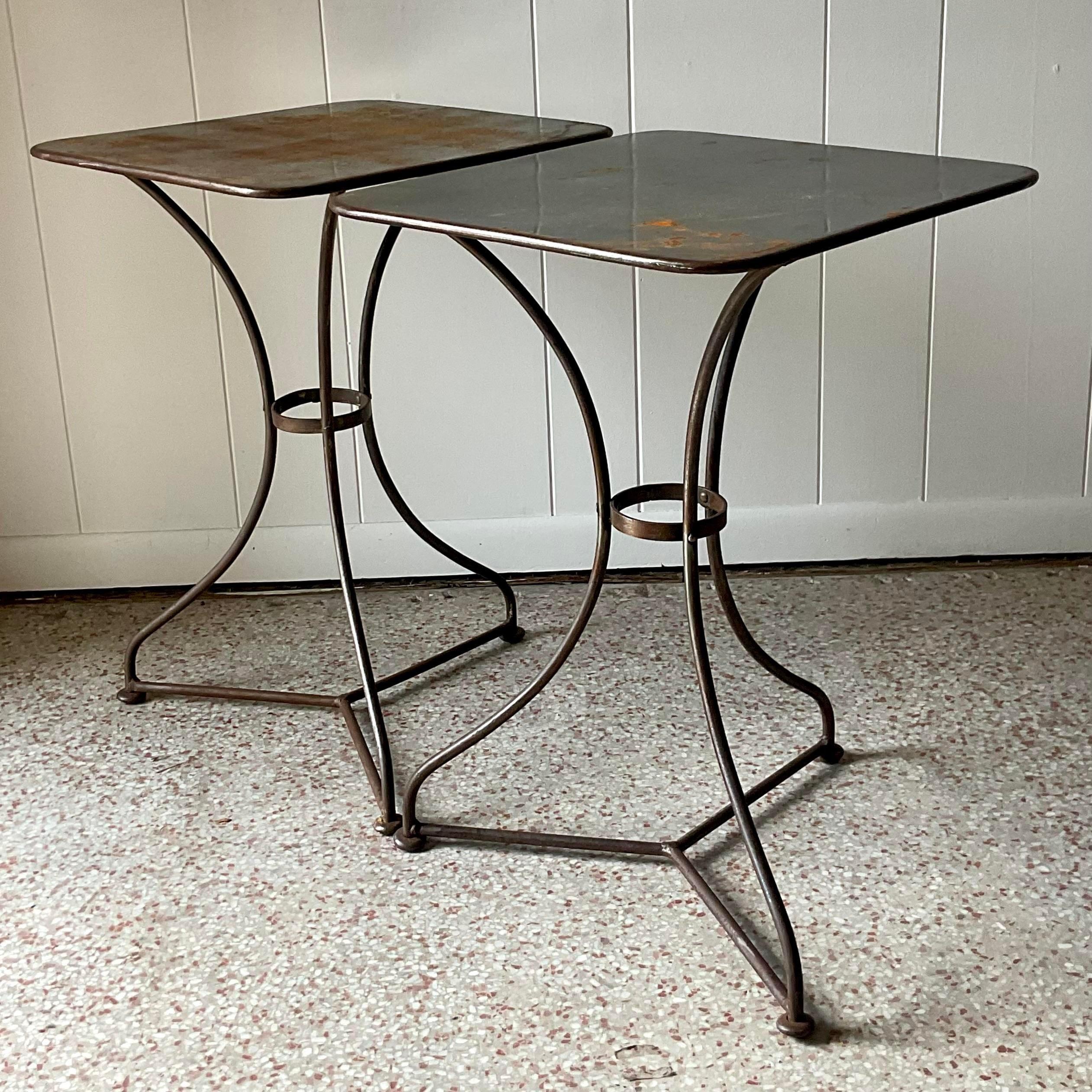 Late 20th Century Vintage Boho Patinated Metal Side Tables - a Pair In Good Condition For Sale In west palm beach, FL