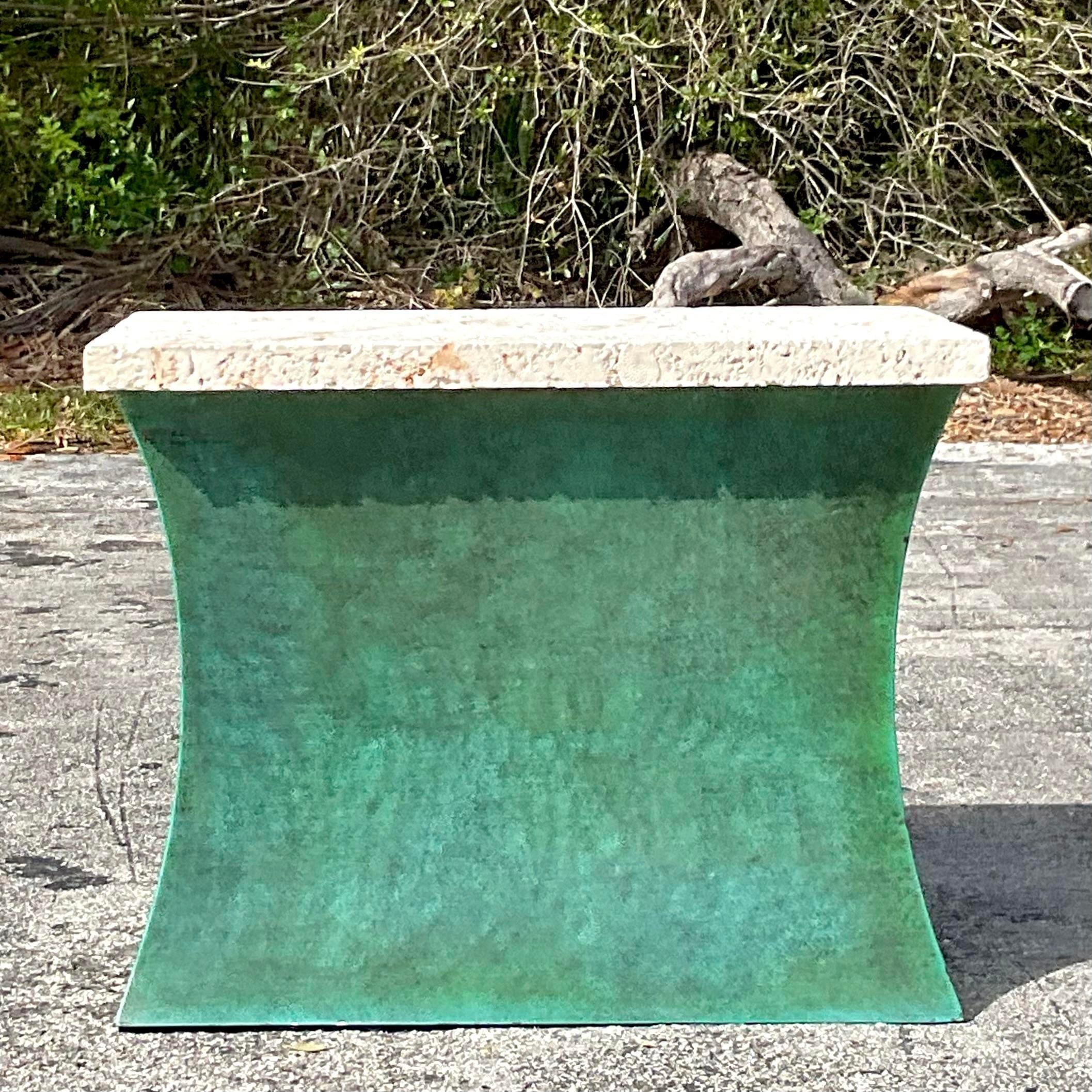 Late 20th Century Vintage Boho Patinated Steel Console Table With Coquina Stone  In Good Condition In west palm beach, FL