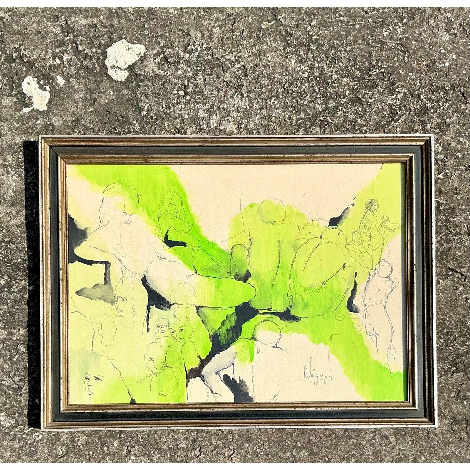 Bringen Sie mit dieser ausdrucksstarken Vintage-Originalzeichnung einen Hauch von lebendiger, frei fließender Energie in Ihre Innenräume. Das mit Feder und Tinte in lebendigen Grüntönen auf Papier ausgeführte Kunstwerk zeigt dynamische Linien und