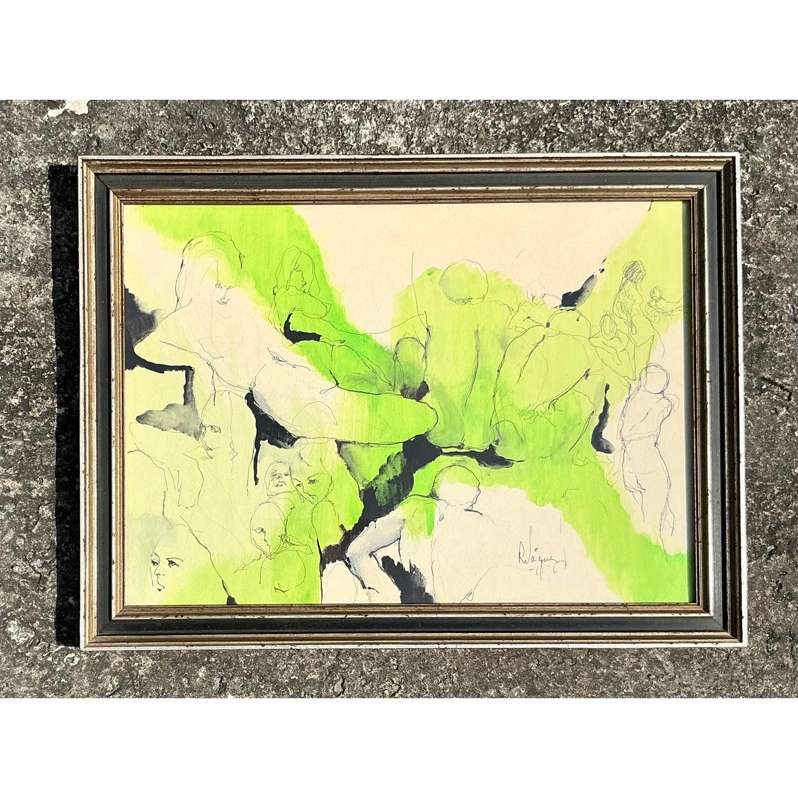 Vintage Boho-Bleistift und Tinte-Zeichnung auf Papier, spätes 20. Jahrhundert (amerikanisch) im Angebot