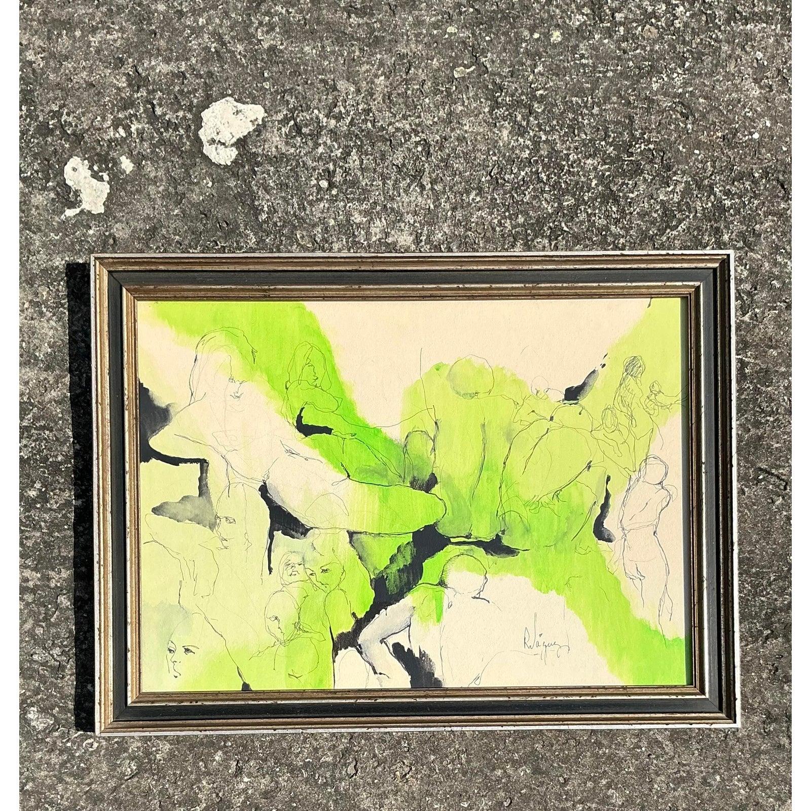 Vintage Boho-Bleistift und Tinte-Zeichnung auf Papier, spätes 20. Jahrhundert im Zustand „Gut“ im Angebot in west palm beach, FL