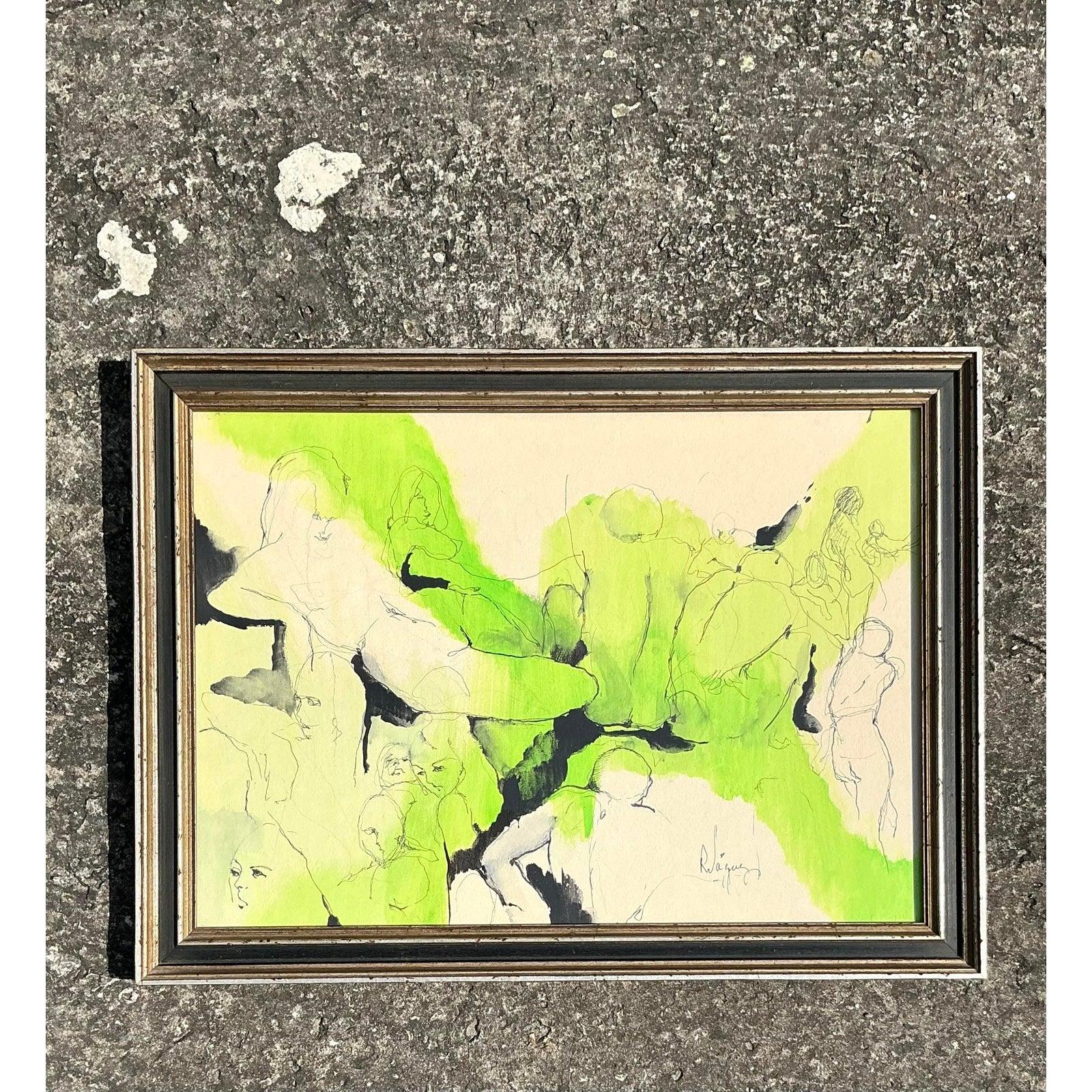 Vintage Boho-Bleistift und Tinte-Zeichnung auf Papier, spätes 20. Jahrhundert (Holz) im Angebot