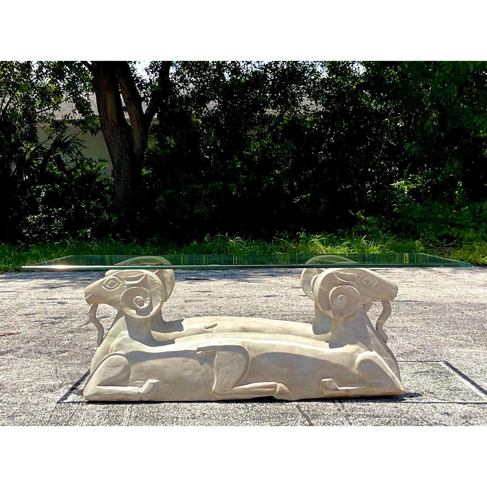 Late 20th Century Vintage Boho Plaster Double Ram’s Head Coffee Table In Good Condition For Sale In west palm beach, FL