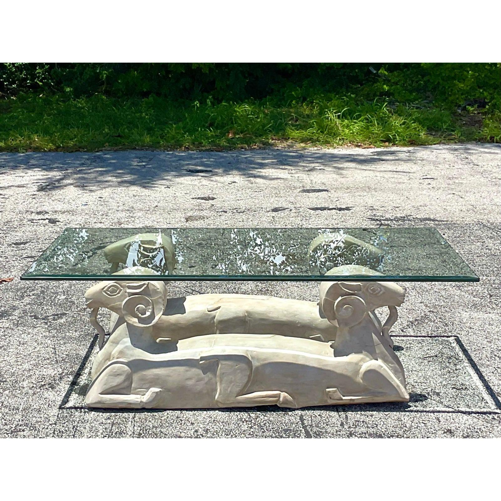 Late 20th Century Vintage Boho Plaster Double Ram’s Head Coffee Table For Sale 2
