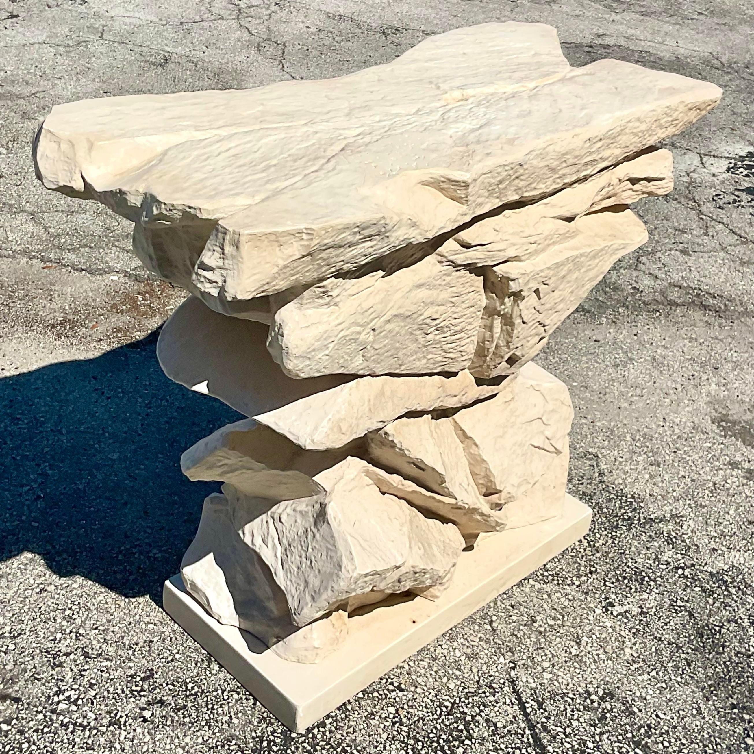 Late 20th Century Vintage Boho Plaster Stacked Rock Console Table After Sirmos In Good Condition For Sale In west palm beach, FL