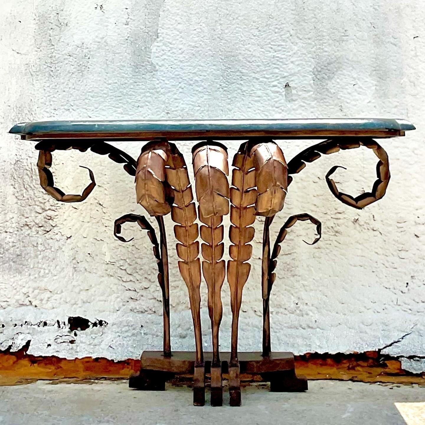 American Late 20th Century Vintage Boho Punch Cut Frond Console Table For Sale
