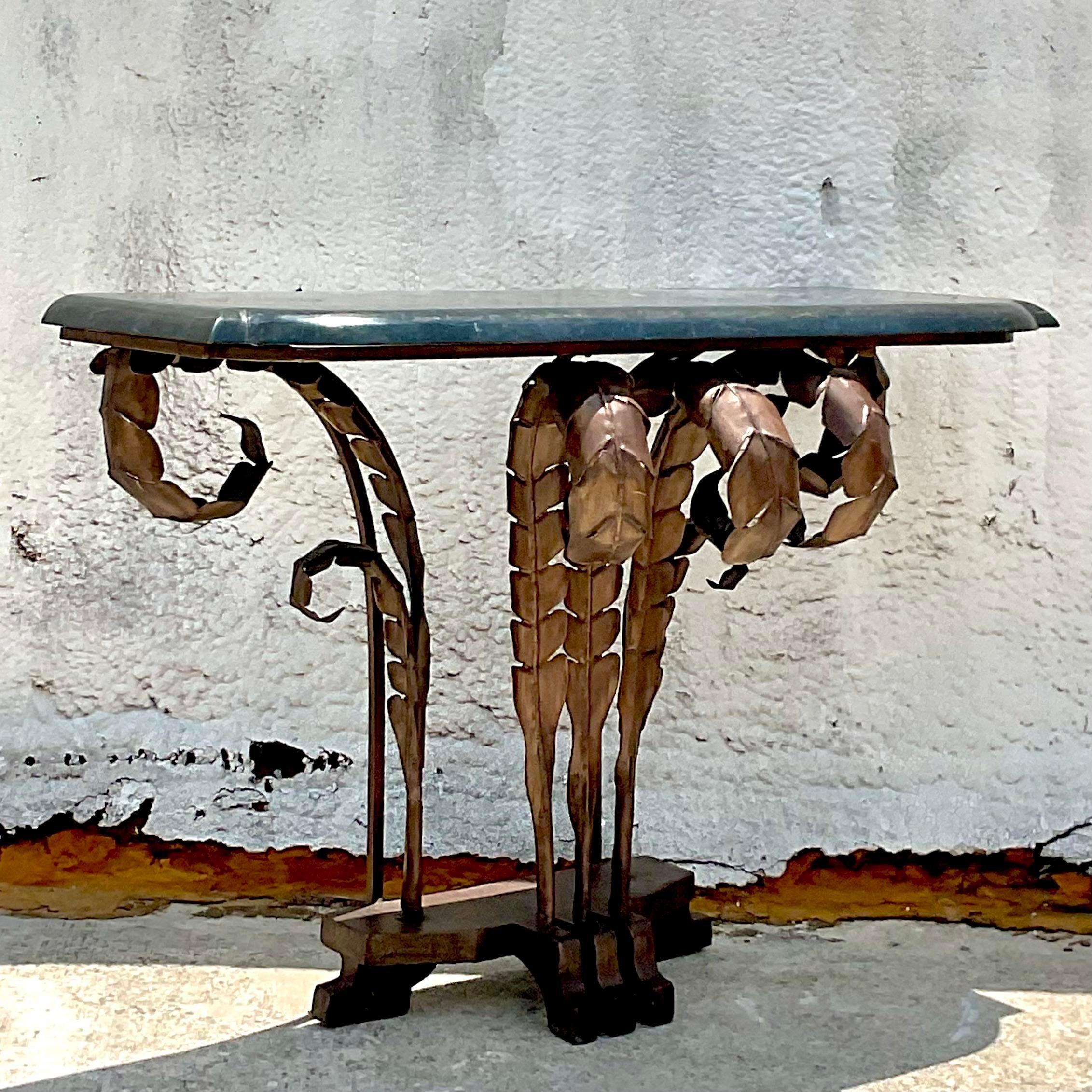 Late 20th Century Vintage Boho Punch Cut Frond Console Table In Good Condition For Sale In west palm beach, FL